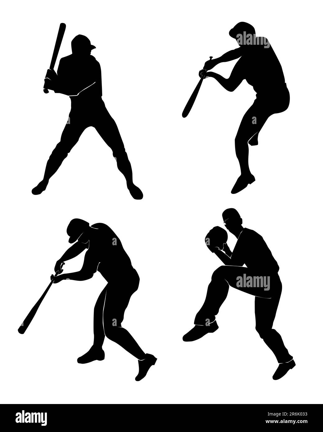Silhouette di giocatori di baseball su sfondo bianco Illustrazione Vettoriale