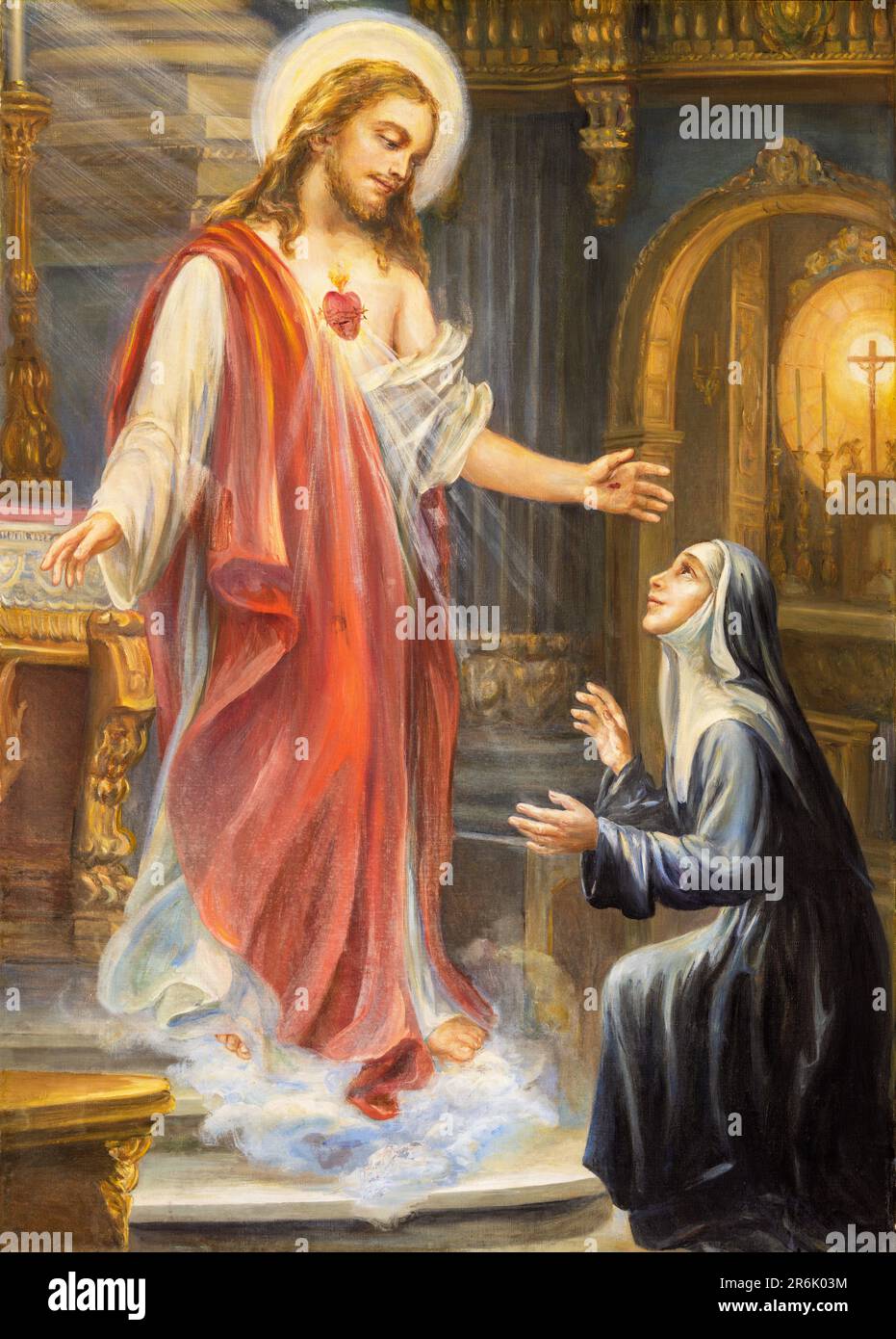 GENOVA, ITALIA - 7 MARZO 2023: La pittura di apparizione del cuore Gesù a S. Teresa d'Avila nella chiesa del Sacro cuore e San Giacomo Foto Stock