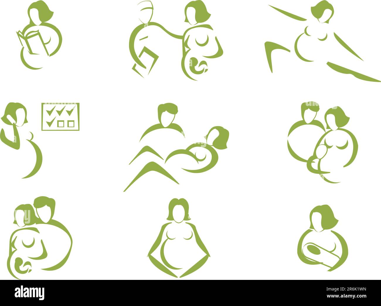 Set di icone prenatali e di parto, con silhouette umane Illustrazione Vettoriale