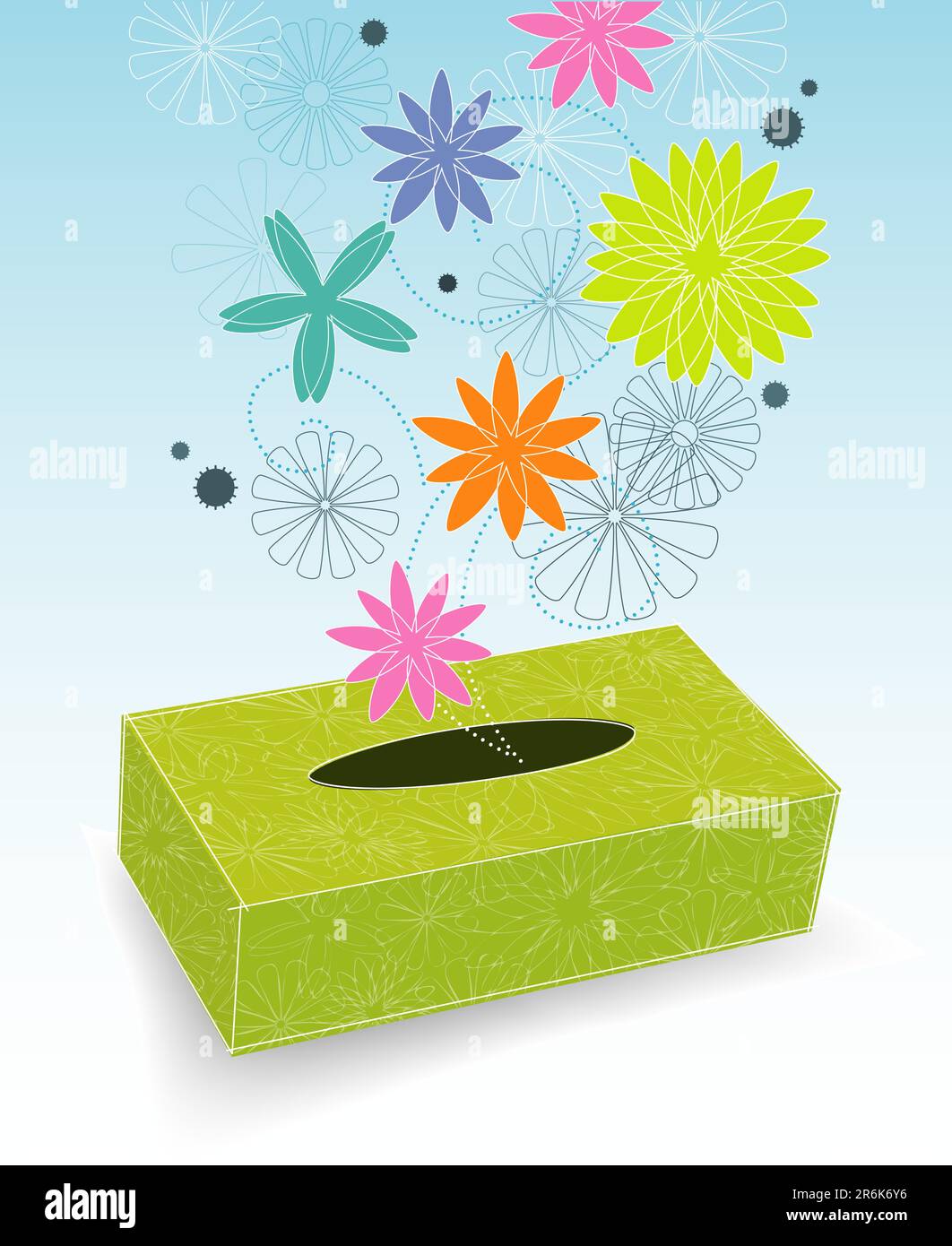 Scatola per tessuti retro-stilizzata con fiori e polline; file stratificato di facile modifica. Illustrazione Vettoriale