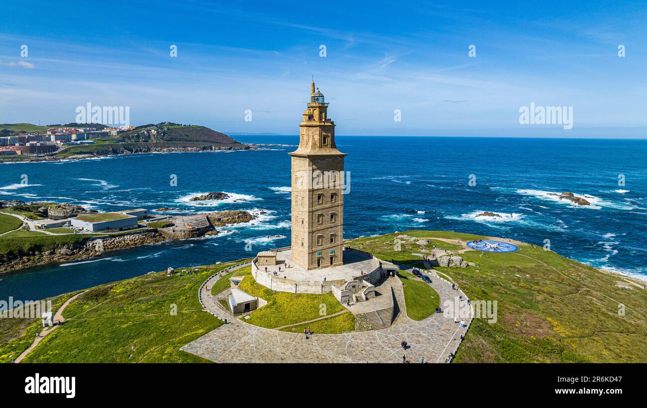 Antenna della Torre di Ercole, patrimonio dell'umanità dell'UNESCO, la Coruna, Galizia, Spagna, Europa Foto Stock