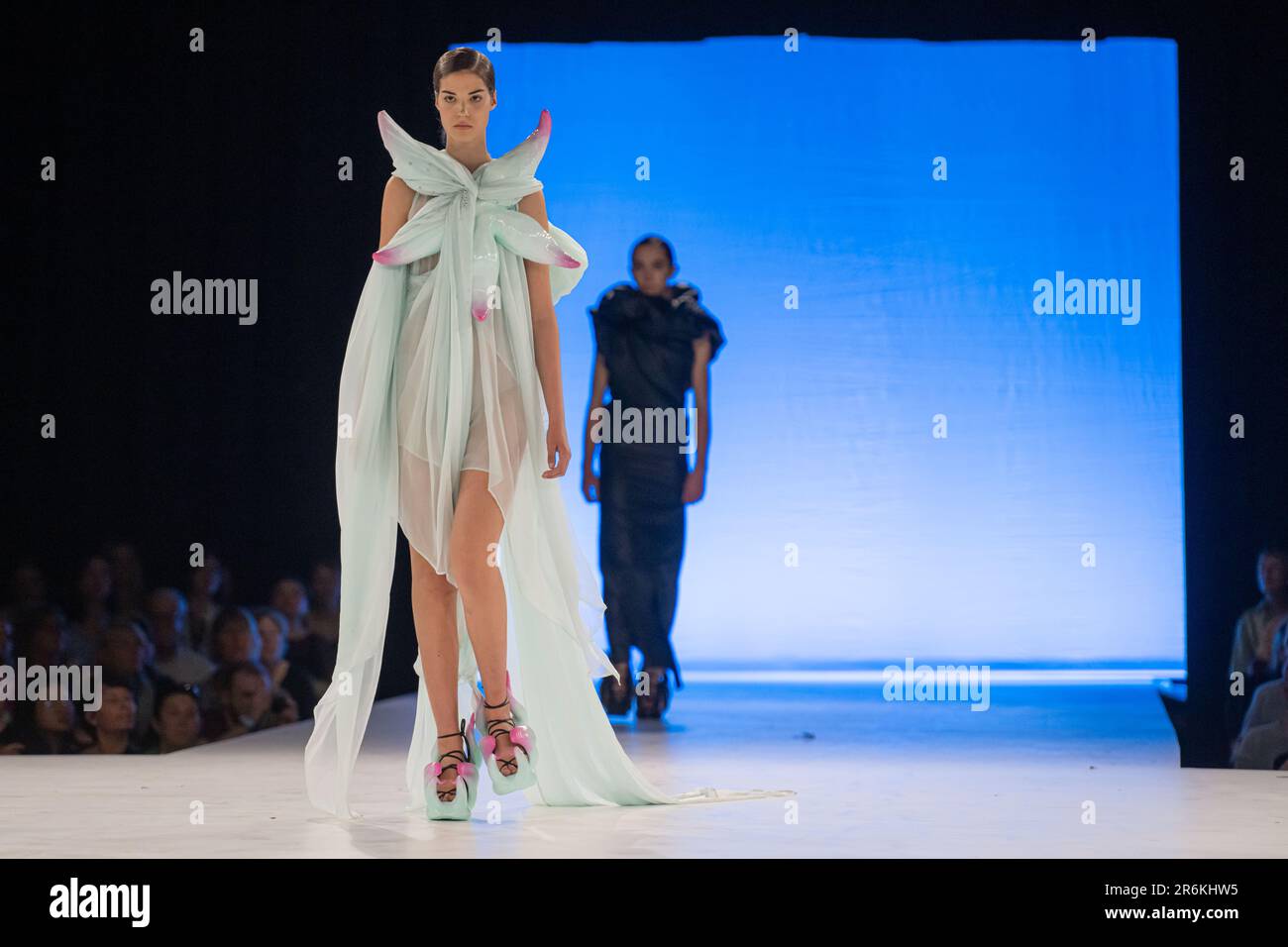 Anversa, Belgio. 09th giugno, 2023. L'abbigliamento disegnato da Violette Des Roseaux è raffigurato durante la sfilata di fine anno che mostra le creazioni di studenti del corso di laurea e master del dipartimento di moda della Royal Academy of fine Arts - AP Hogeschool, ad Anversa, venerdì 09 giugno 2023. BELGA FOTO JONAS ROOSENS Credit: Agenzia Notizie Belga/Alamy Live News Foto Stock