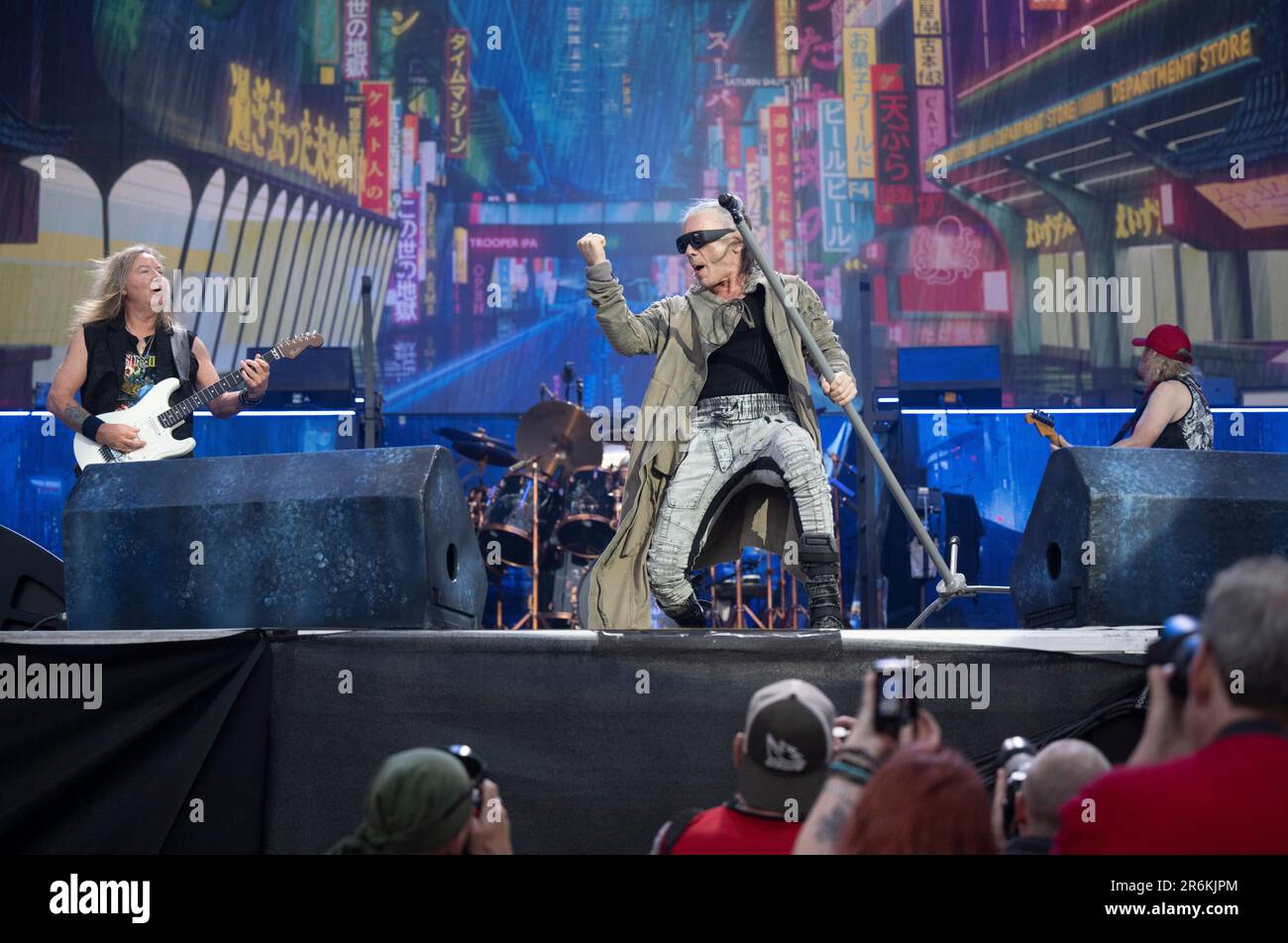 SOLVESBORG 20230609 la band inglese Iron Maiden, con la cantante Bruce Dickinson, suona al Sweden Rock Festival 2023. Foto: Fredrik Sandberg/TT/kod €10080 Credit: TT News Agency/Alamy Live News Foto Stock