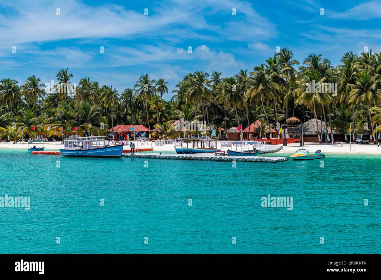 Resort turistico sull'isola di Bangaram, arcipelago Lakshadweep, territorio dell'Unione dell'India, Oceano Indiano, Asia Foto Stock