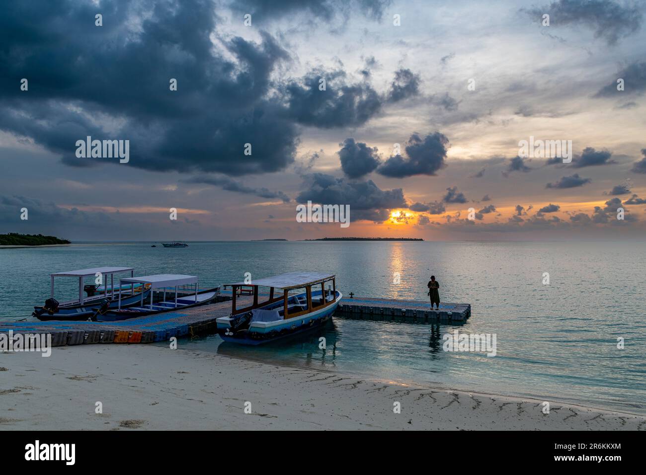 Alba sull'isola di Bangaram, arcipelago Lakshadweep, territorio dell'Unione dell'India, Oceano Indiano, Asia Foto Stock