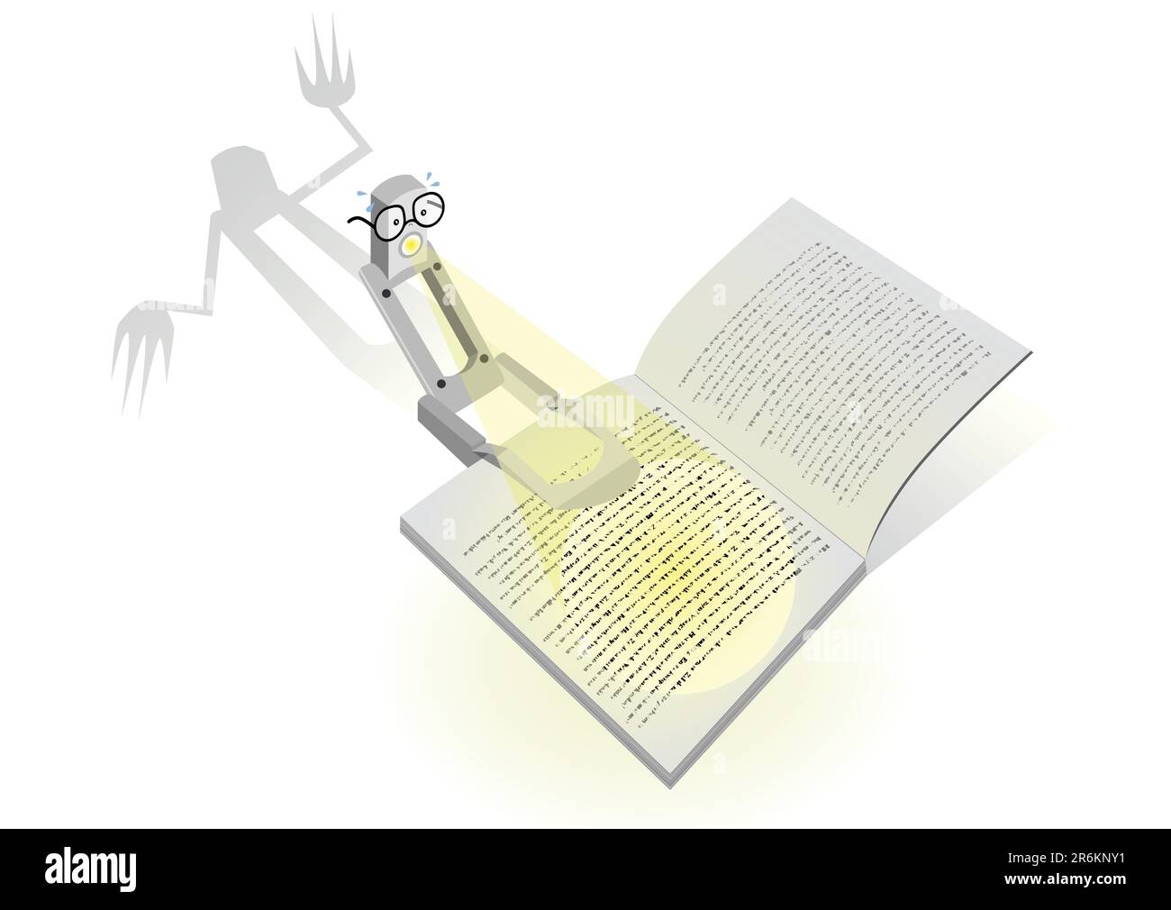 Illustrazione dei caratteri vettoriali di una lampada da lettura che legge un libro spaventoso. Tutti gli oggetti vettoriali e i dettagli sono isolati e raggruppati. Illustrazione Vettoriale