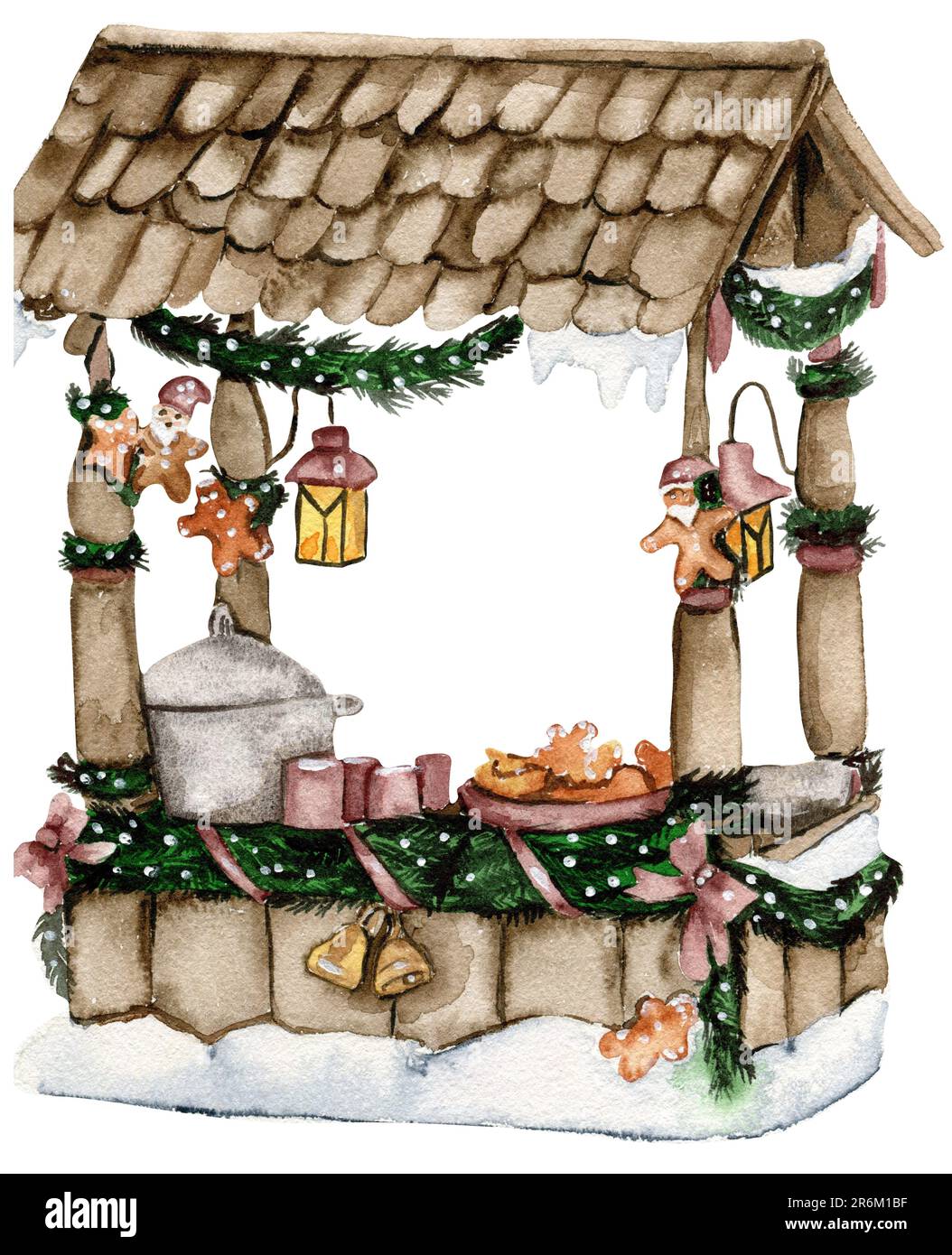 Mercatino di Natale con dolci in snow.Watercolor mano disegnata illustrazione. Vacanze invernali. Foto Stock