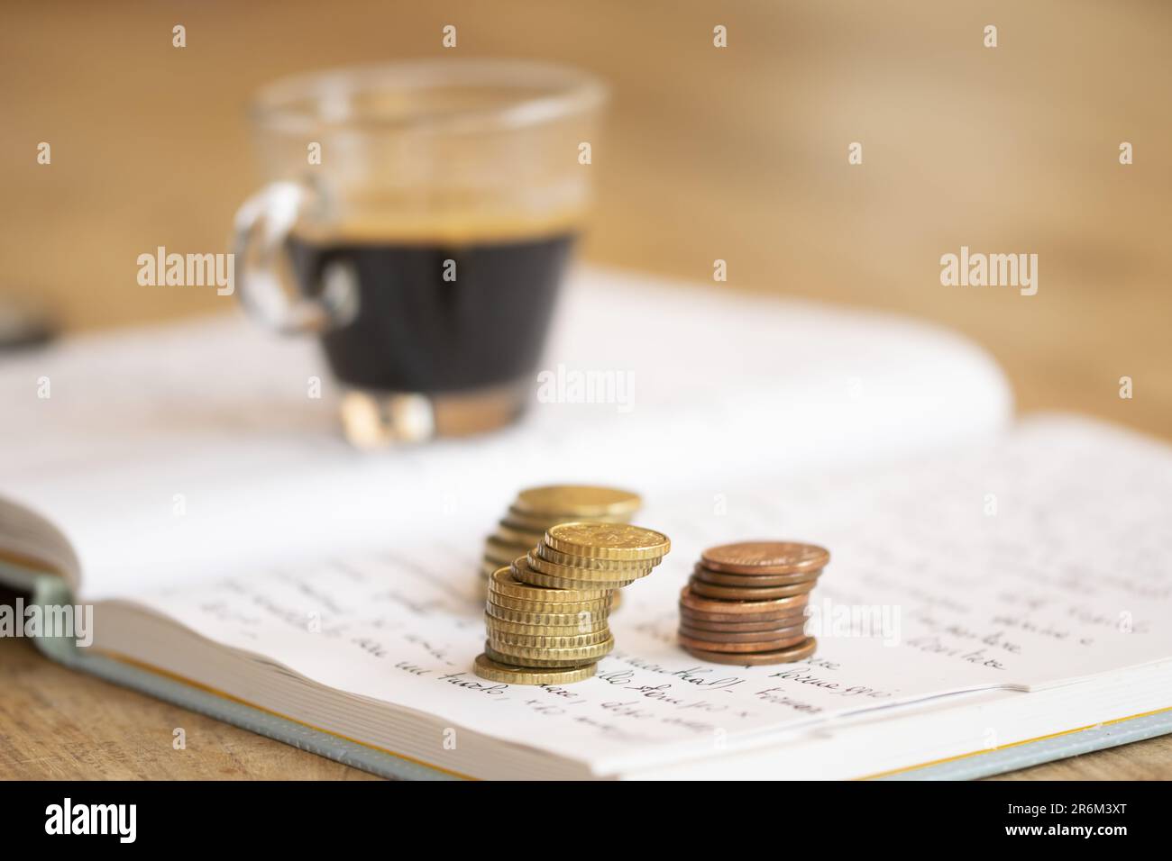 concetto di risparmio e spese familiari con monete su un notebook scritto a mano Foto Stock