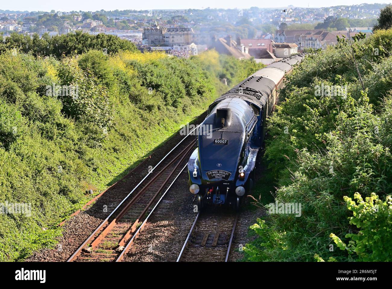 LNER Classe A4 Pacifico No 60007 Sir Nigel Gresley lascia Paignton con la tappa di ritorno dell'English Riviera Express il 3rd giugno 2023. Foto Stock