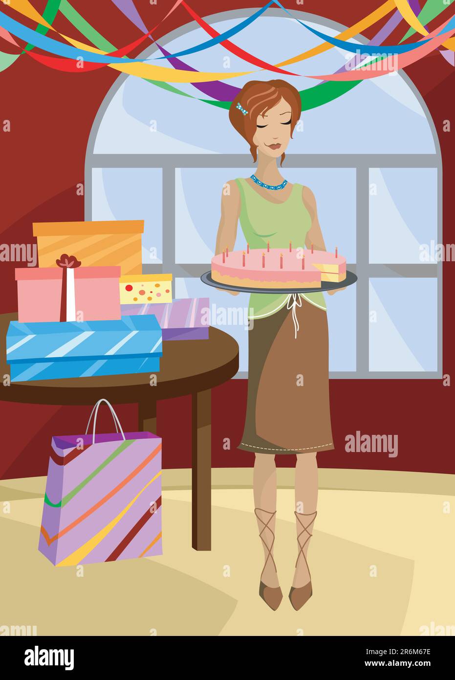 Redhead Woman tiene una torta di compleanno, candele accese, regali sul tavolo e rastrellieri appesi al soffitto... con un pezzo della torta mancante ... Illustrazione Vettoriale