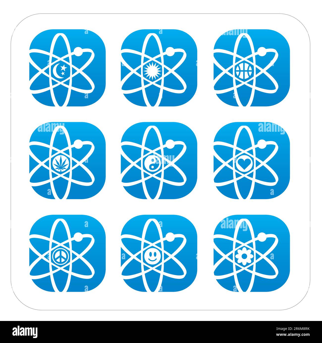 Icone atomiche con simboli divertenti e divertenti. File di facile modifica. Illustrazione Vettoriale