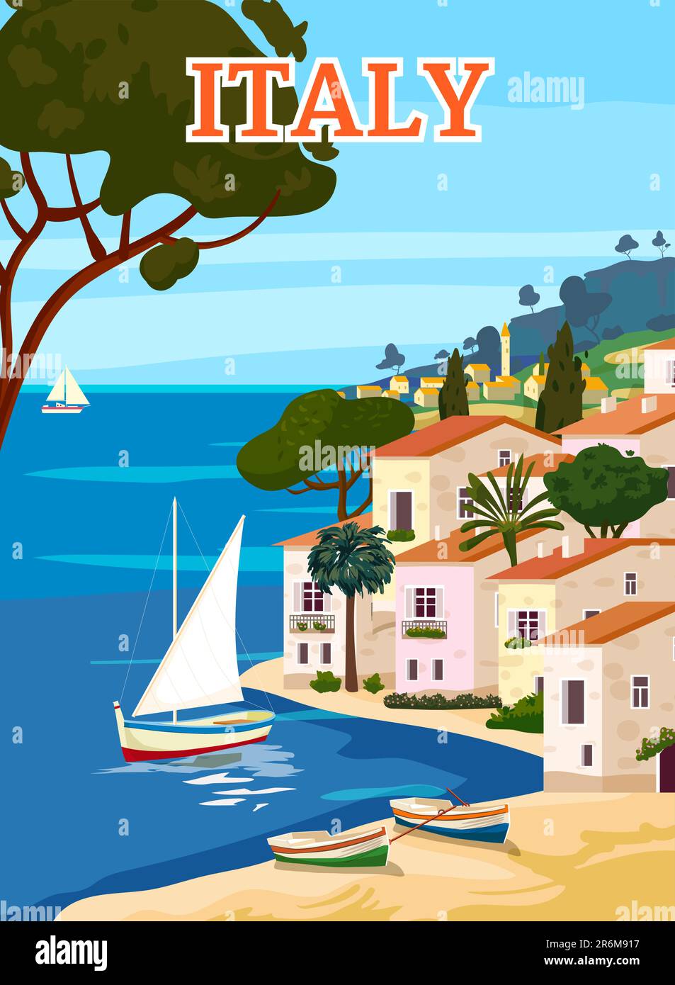 Poster di viaggio in Italia, paesaggio romantico mediterraneo, montagne, città di mare, barca a vela, mare. Poster retrò Illustrazione Vettoriale