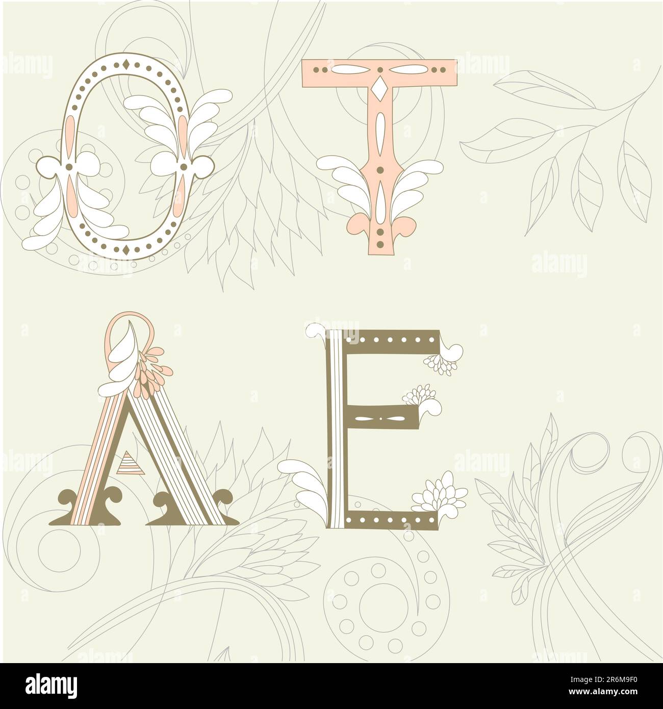 Lettere o, T, A, e su sfondo floreale Illustrazione Vettoriale