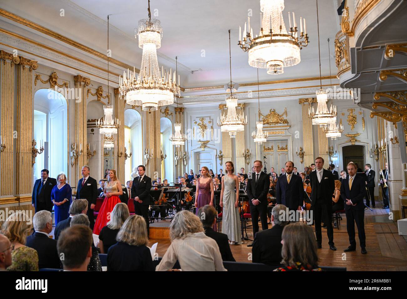 STOCCOLMA 20230610Queen Silvia, Re Carl Gustaf, Principessa della Corona Victoria e Principe Daniel partecipano alla performance lirica 'Gustav Wasa' in Stock ex Foto Stock