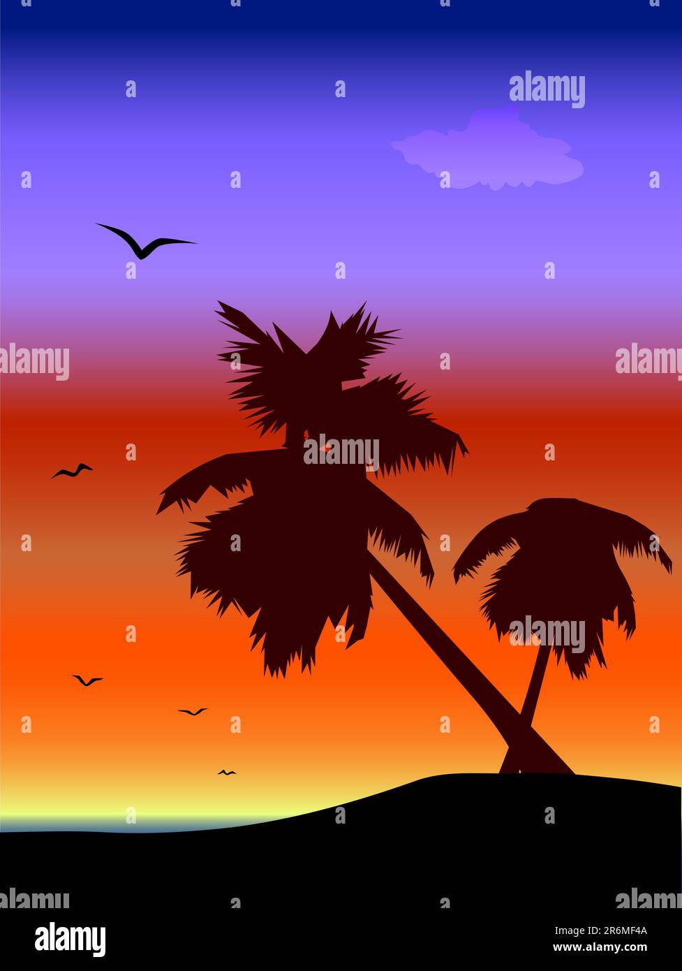 paesaggio marino con palme e gabbiani silouettes all'alba Illustrazione Vettoriale