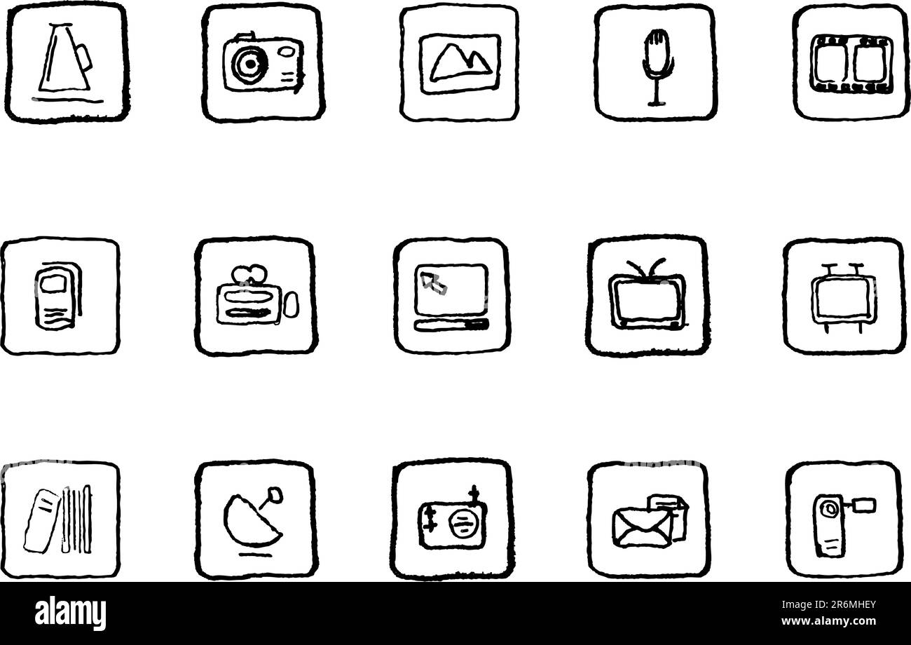 Linea grunge delle icone Media e Publishing Illustrazione Vettoriale