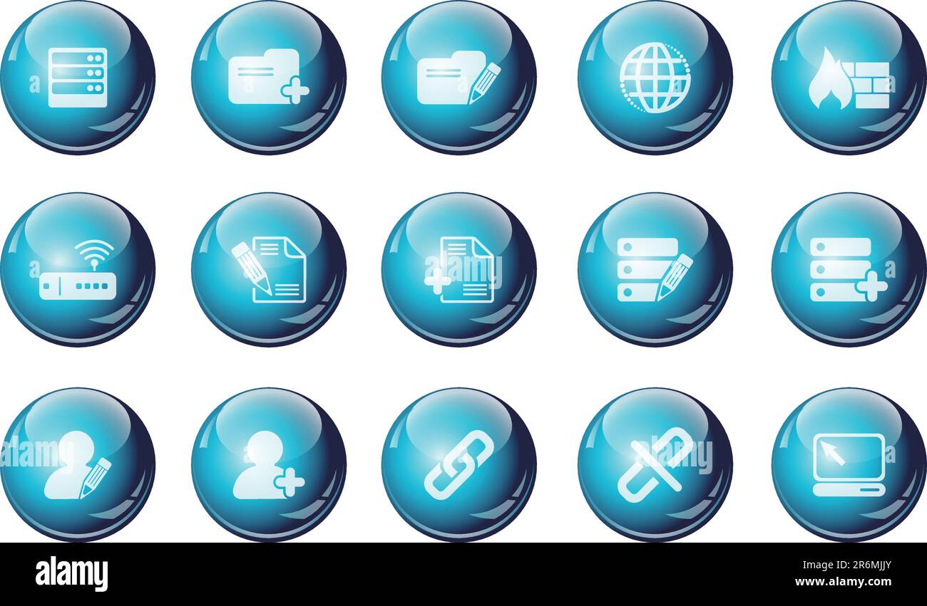 Icone di database e rete serie a cristalli di ciano Illustrazione Vettoriale