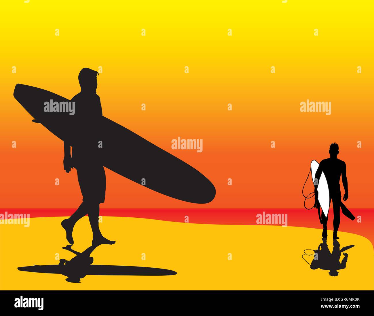 Due vettori di surf, un longboarder e uno shortboarder. Illustrazione Vettoriale
