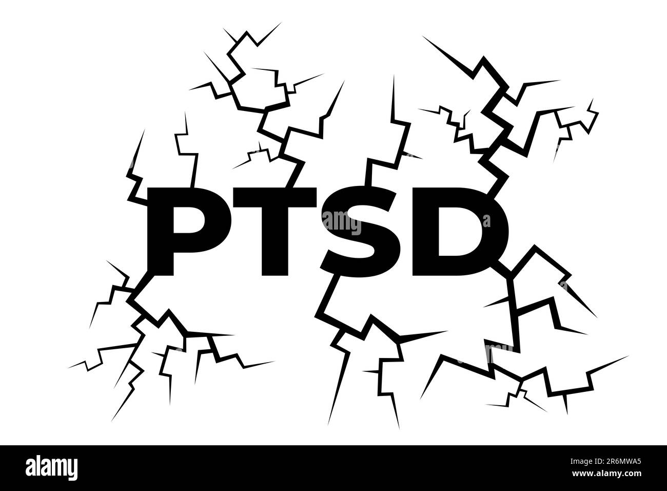 PTSD e disturbo post traumatico da stress - testo e crepe come metafora del dolore mentale, del danno e dello stress. Illustrazione vettoriale del testo su sfondo bianco Foto Stock
