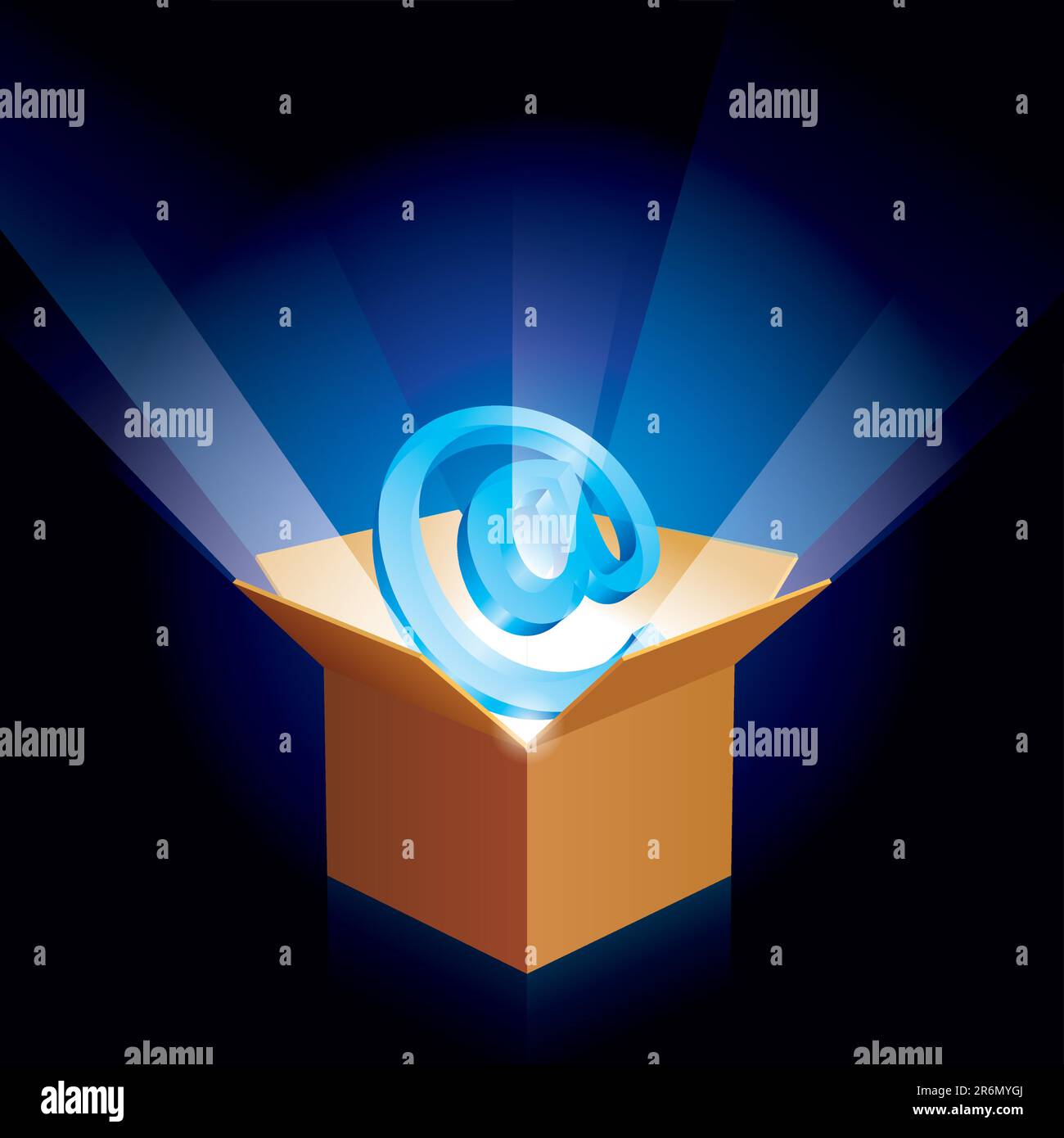 Scatola di cartone con cartello e-mail sul nero. Illustrazione Vettoriale