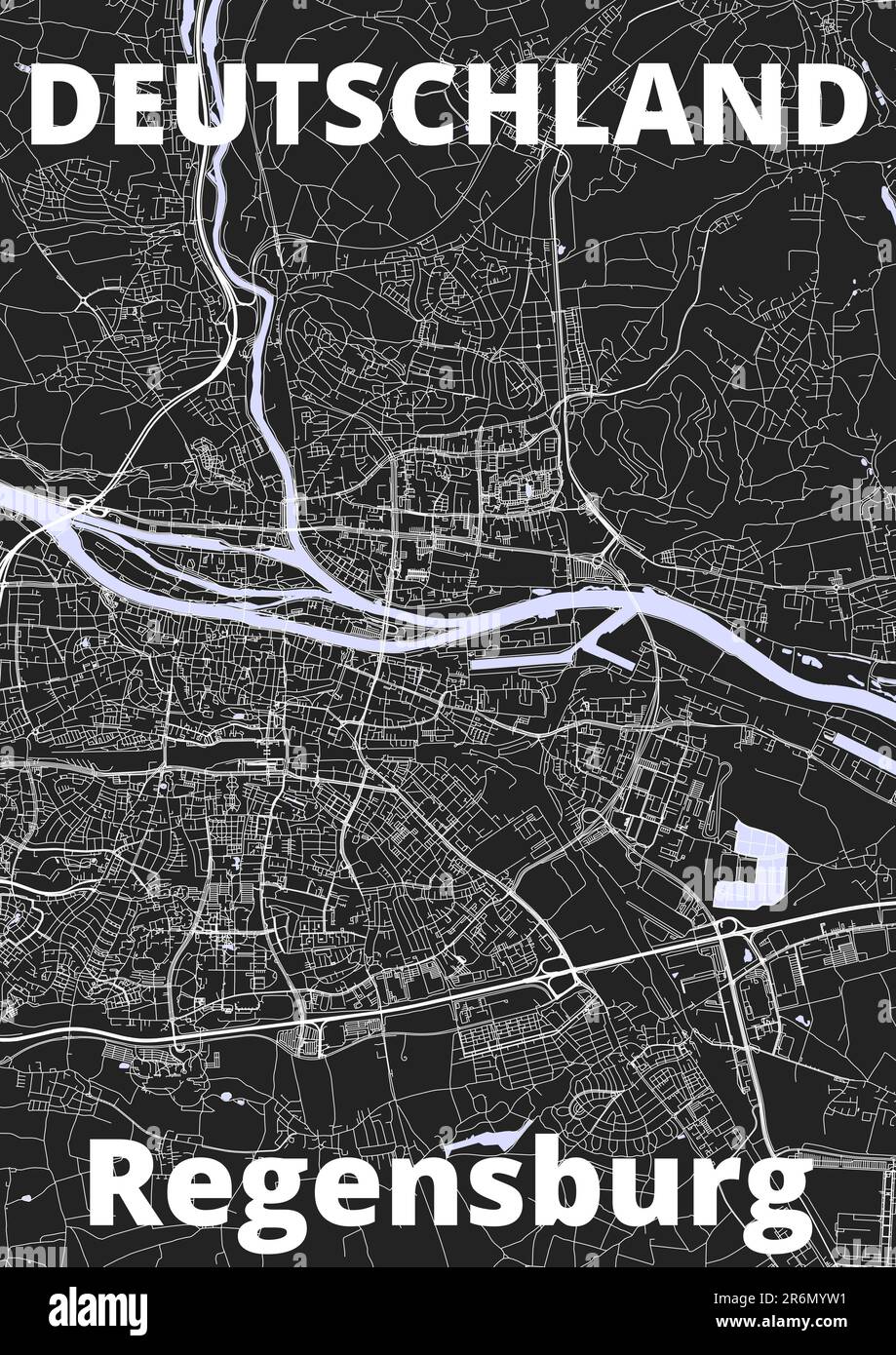 Mappa della città di Ratisbona con strade fiumi e laghi germania Foto Stock