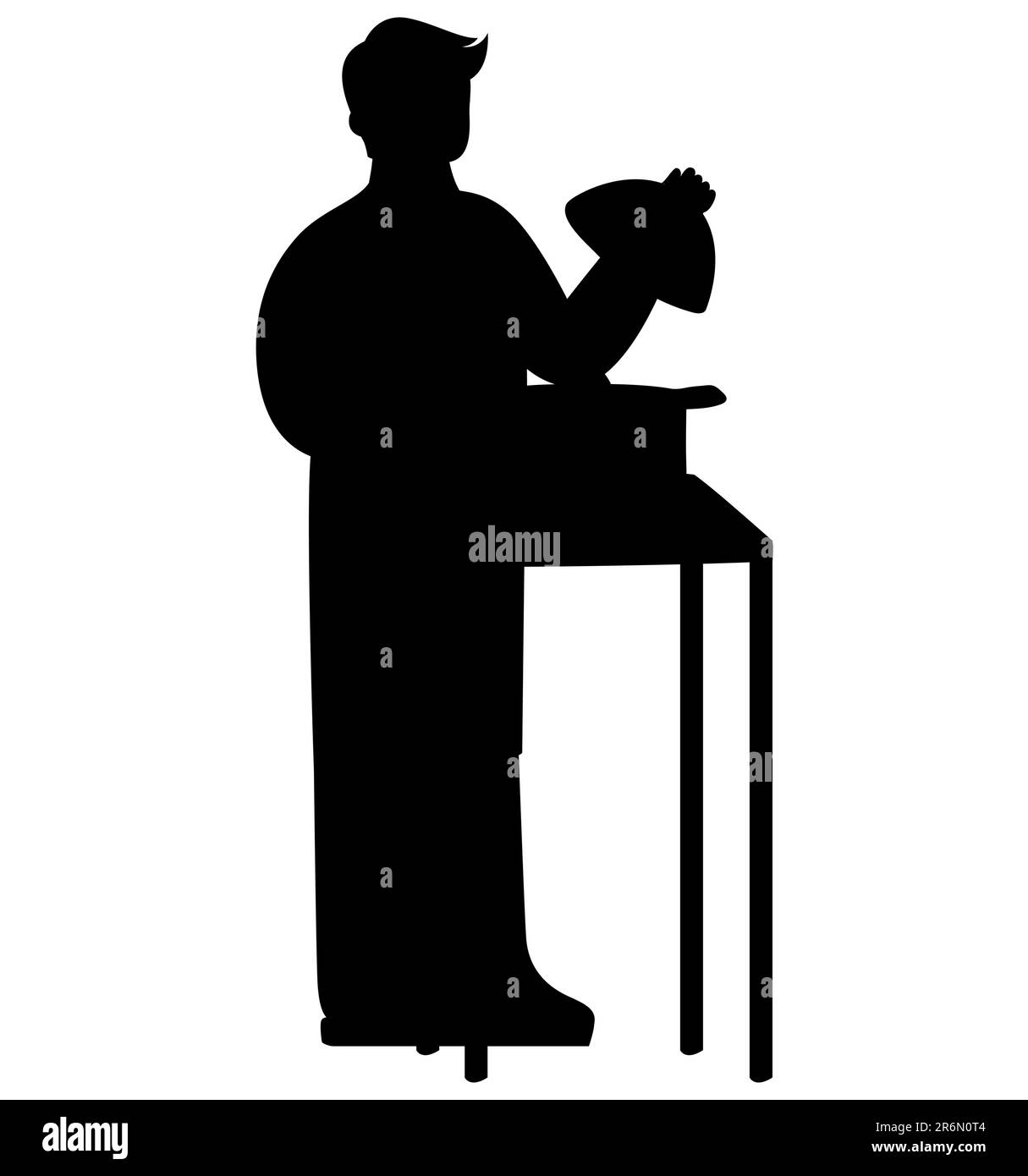 Silhouette nera di un cuoco maschio che controlla il cibo in cucina, un uomo che assaggia il piatto, vettore isolato su sfondo bianco Illustrazione Vettoriale