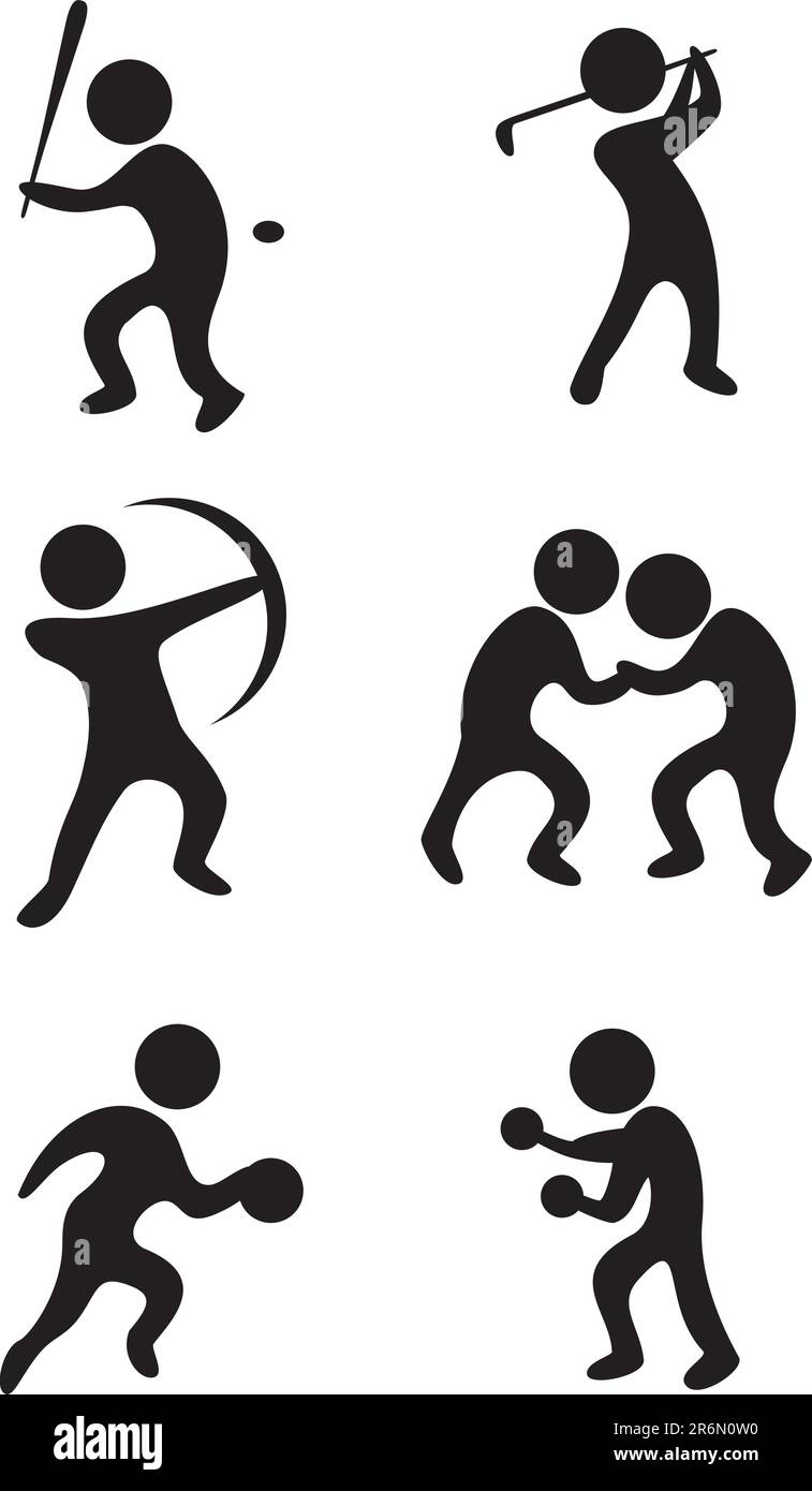 simboli sportivi vettoriali: baseball, golf, pallacanestro, wrestling, boxe e tossofily Illustrazione Vettoriale