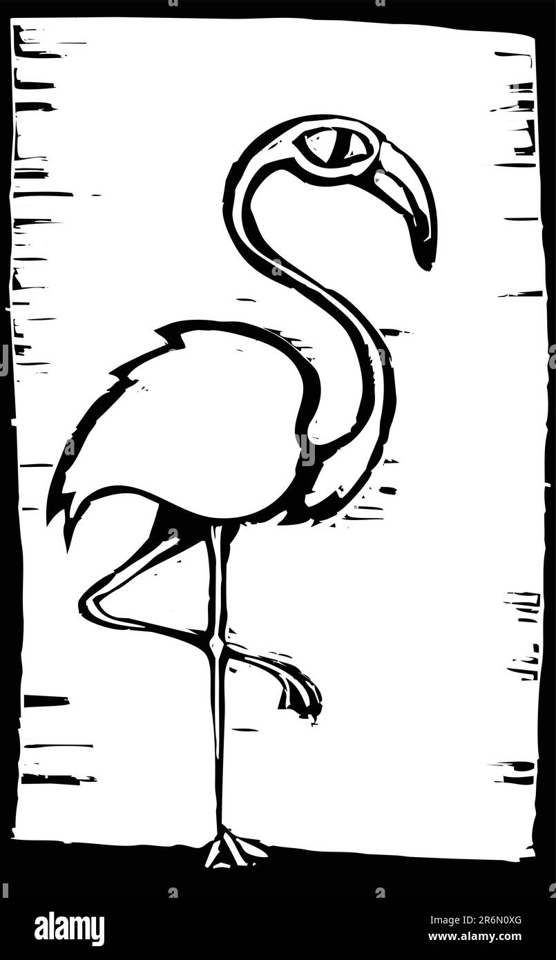 Xilografia stile africano flamingo in piedi su una gamba. Illustrazione Vettoriale
