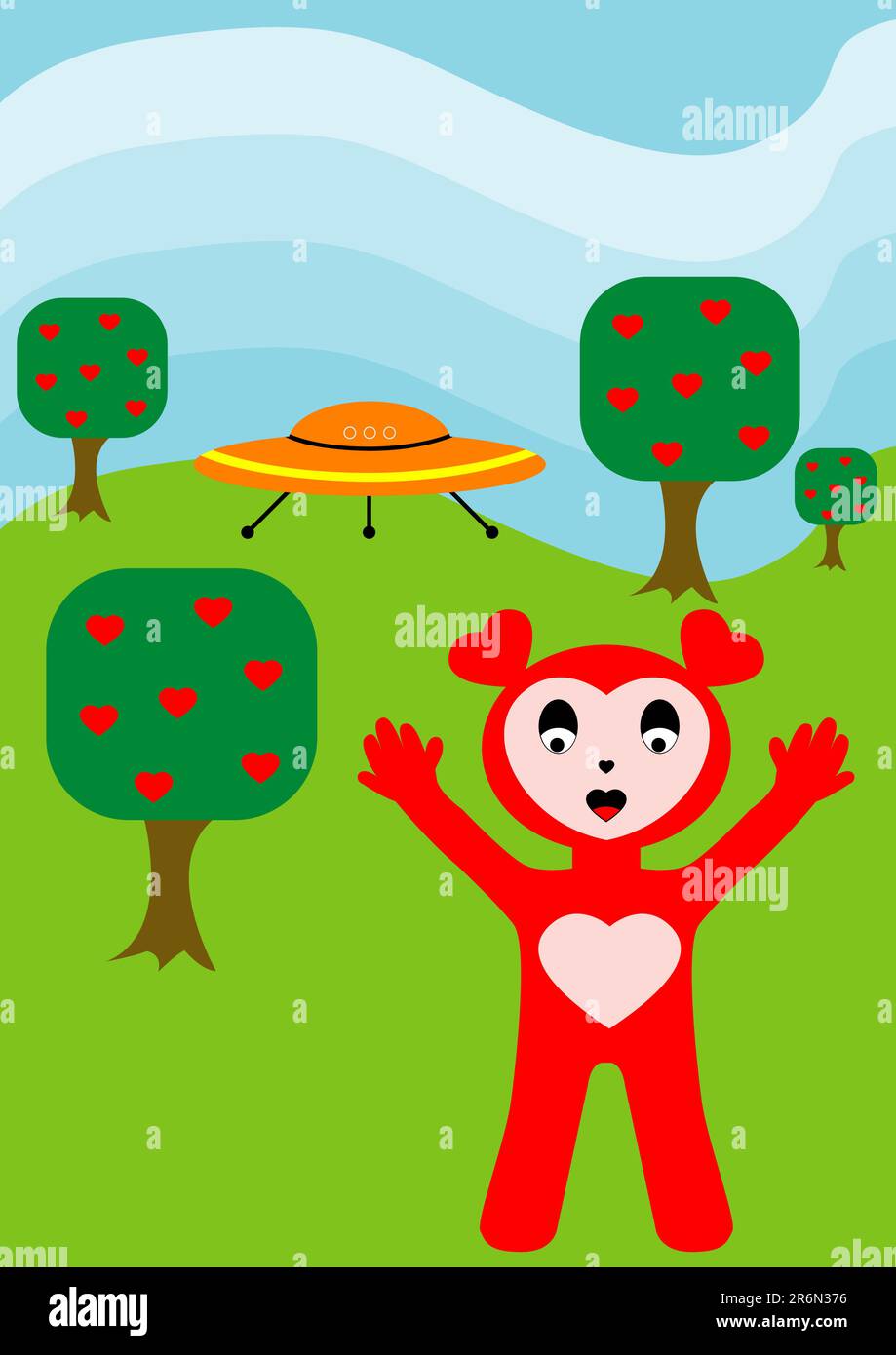 Piccolo valentine alieno dopo essere atterrato sul pianeta Heart Illustrazione Vettoriale