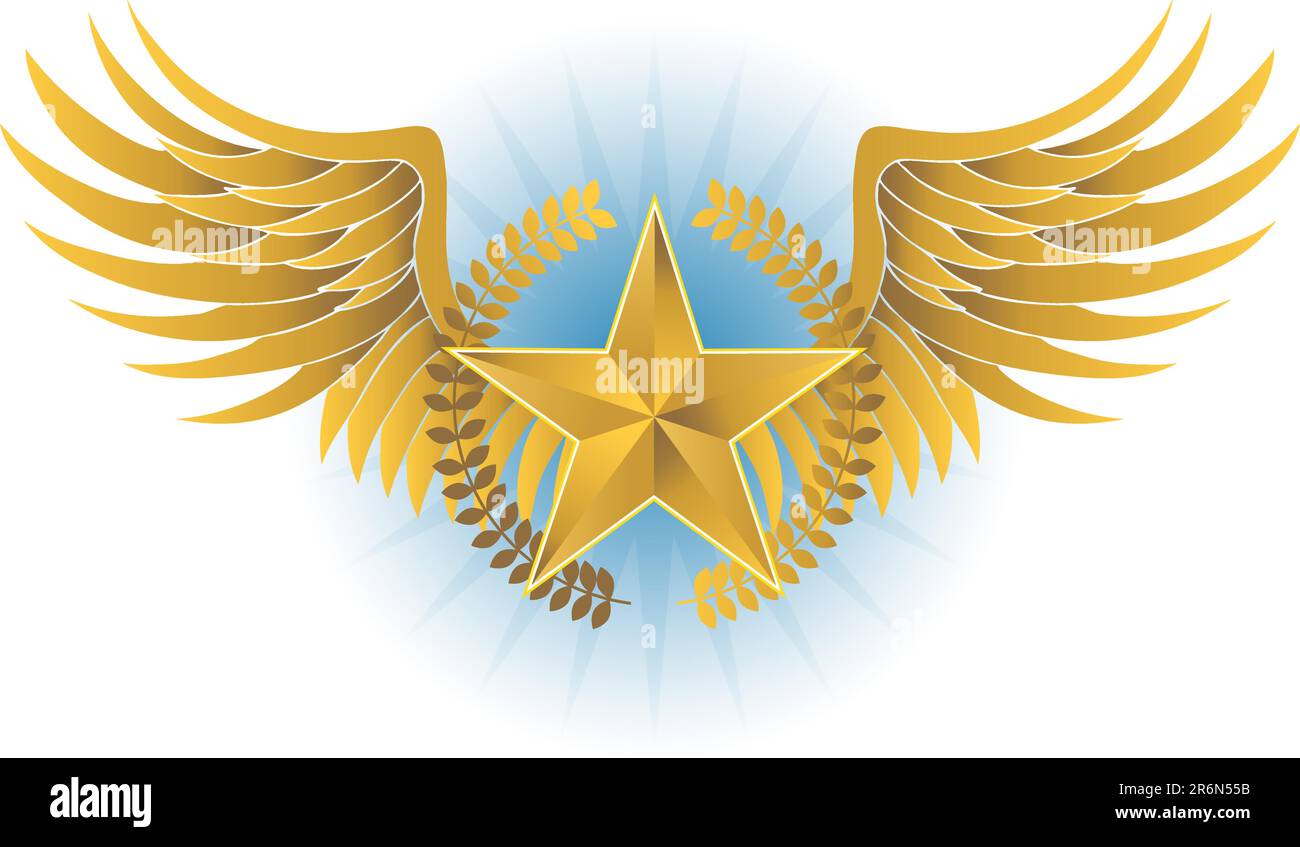 Ala dorata 3D con corona di alloro e stella. Illustrazione Vettoriale