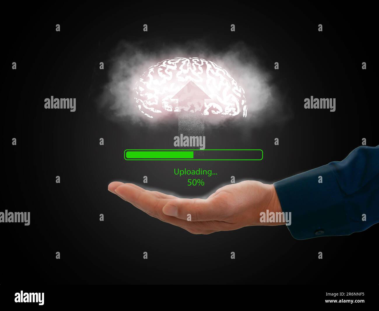 Idea di caricamento mentale, concetto di caricamento cerebrale. I dati e le informazioni vengono caricati sul sistema cloud con una barra di avanzamento e una percentuale visualizzate Foto Stock