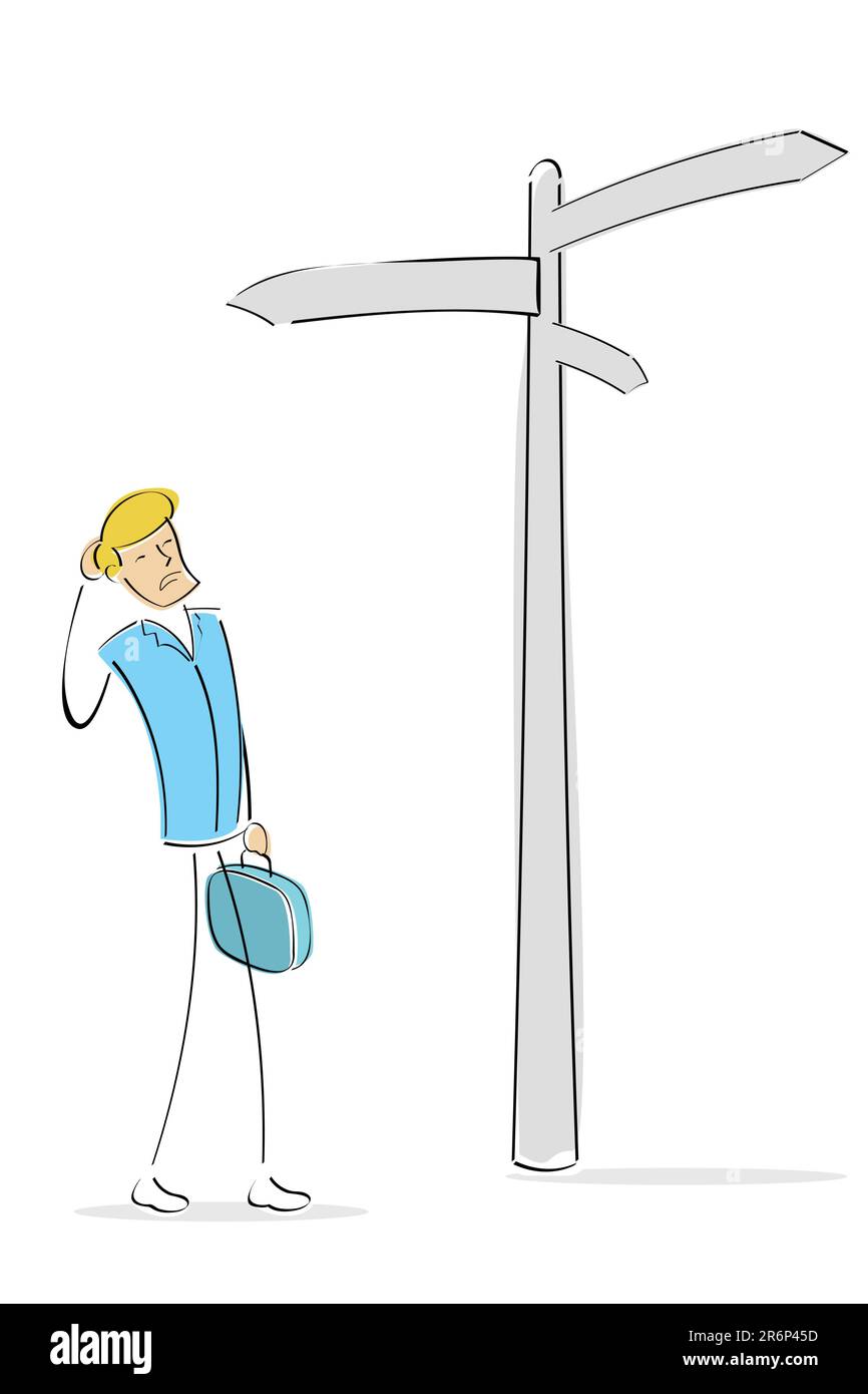 Illustrazione di confuse business man cerca decisione le direzioni indicazioni Illustrazione Vettoriale