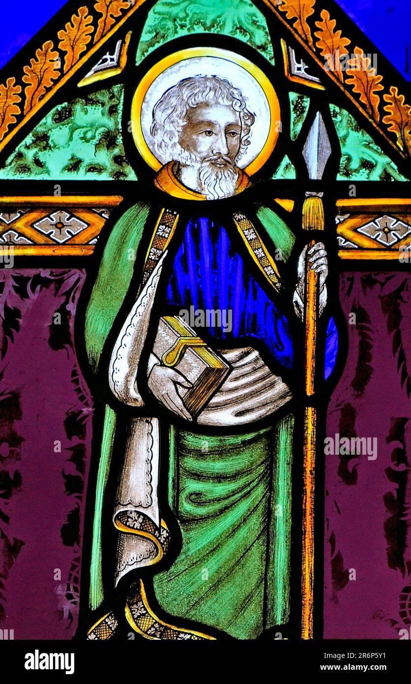 St. Thomas, vetrata, di Joseph Grant di Costessey, 1856, Wighton, Norfolk, Inghilterra, REGNO UNITO Foto Stock