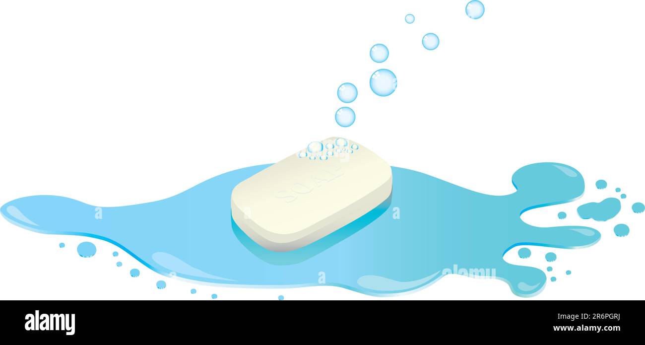 Una saponetta con le bolle che vi galleggiano si sedeva in una pozza d'acqua Illustrazione Vettoriale