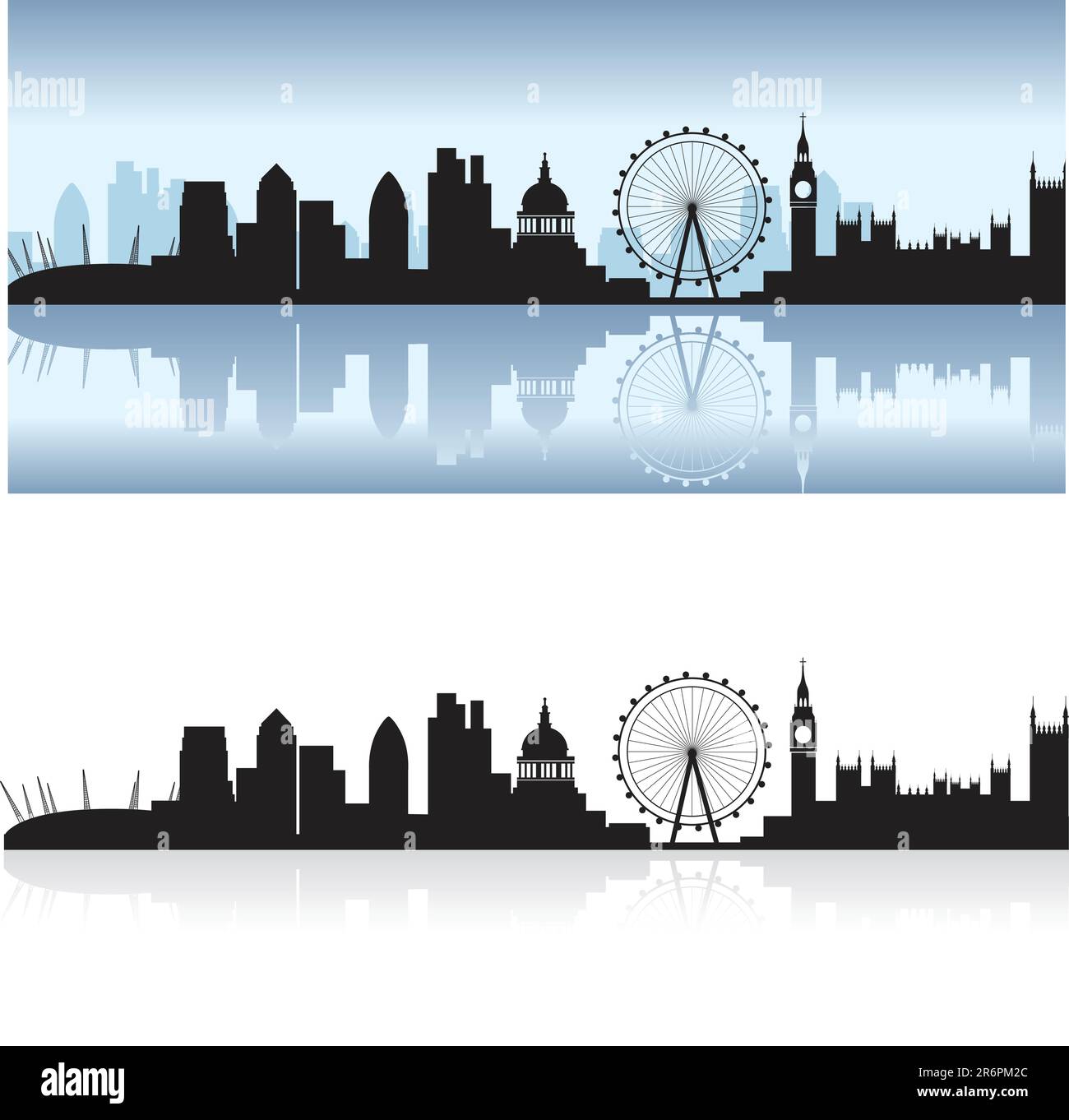 Lo skyline di Londra comprese tutte le attrazioni turistiche come una dettagliata silhouette nera con il Tamigi la riflessione Illustrazione Vettoriale