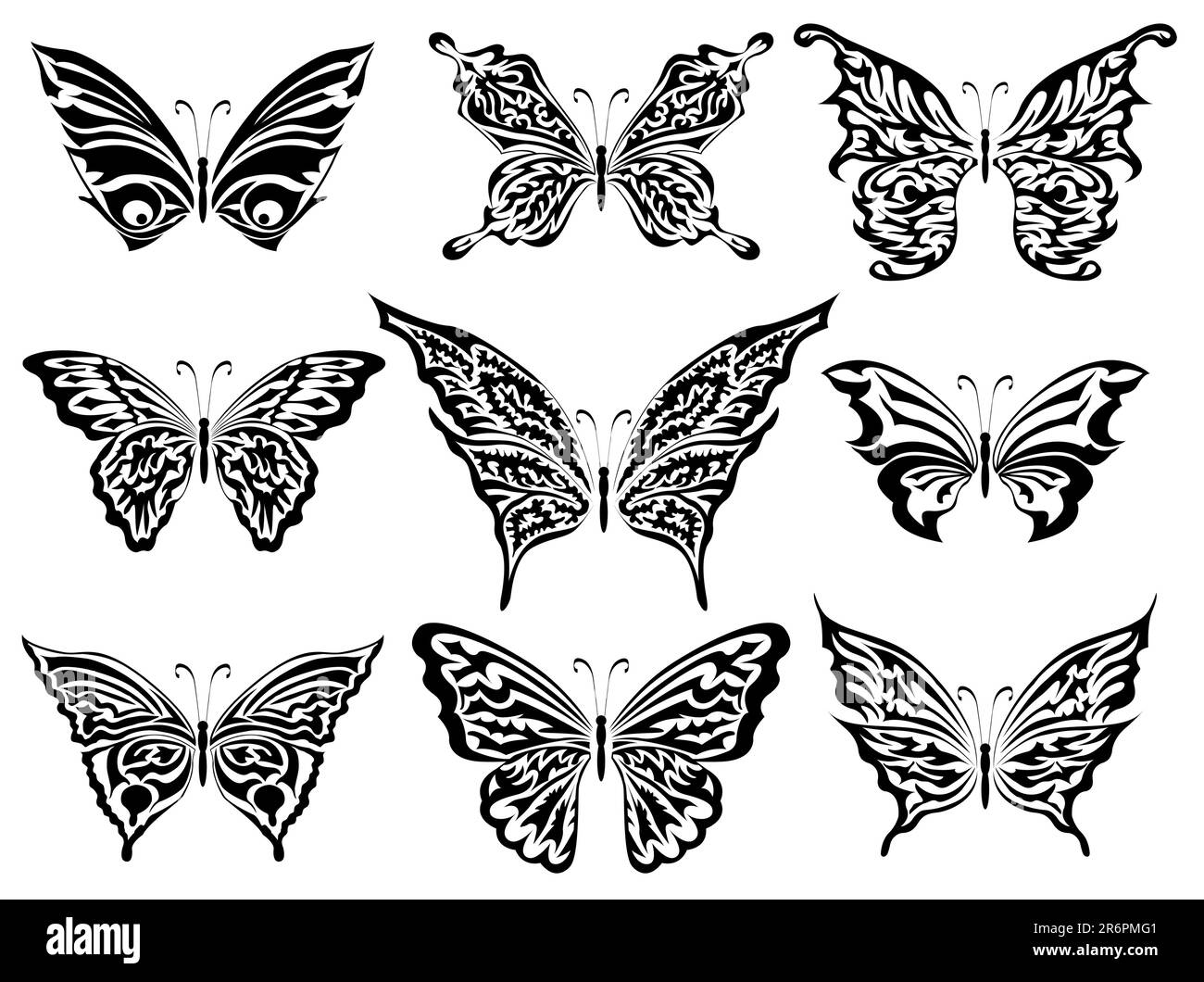 Nove farfalle ornate isolate su uno sfondo bianco Illustrazione Vettoriale