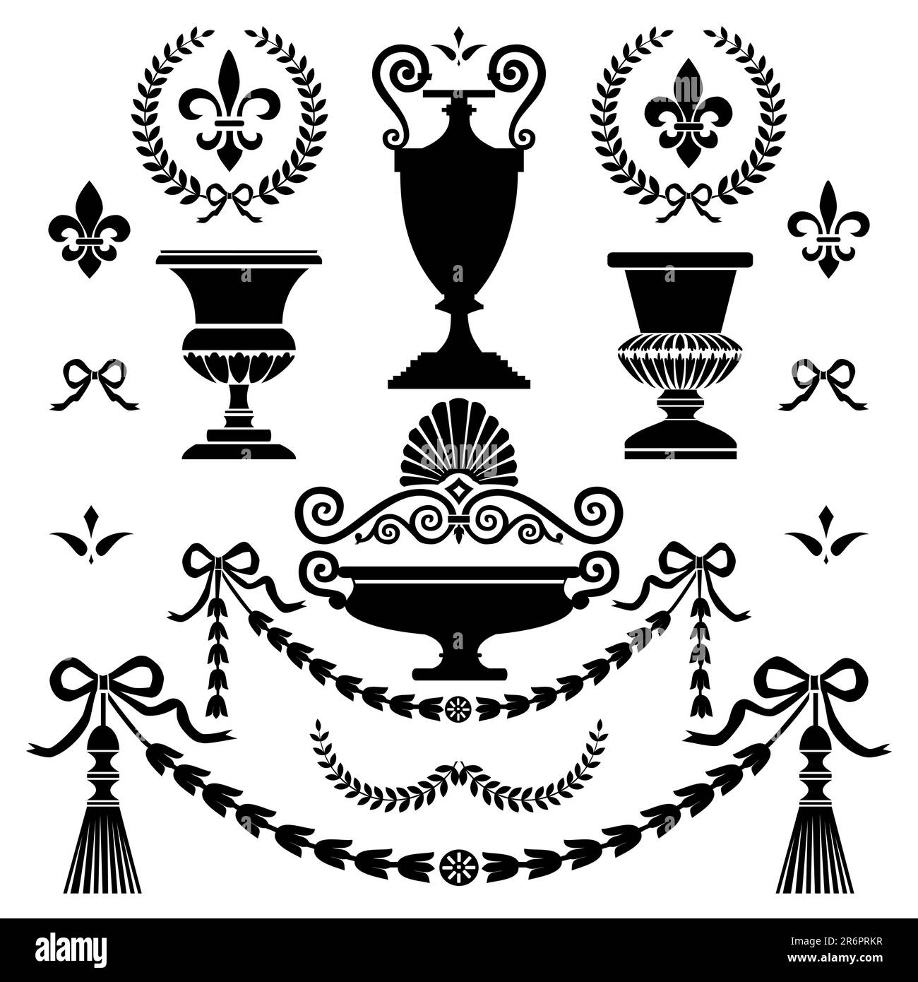 Set di ornamenti in stile classico, isolati su bianco, grafica vettoriale completamente scalabile per una facile modifica e modifica del colore, inclusi EPS v8 e JPG a 300 dpi Illustrazione Vettoriale