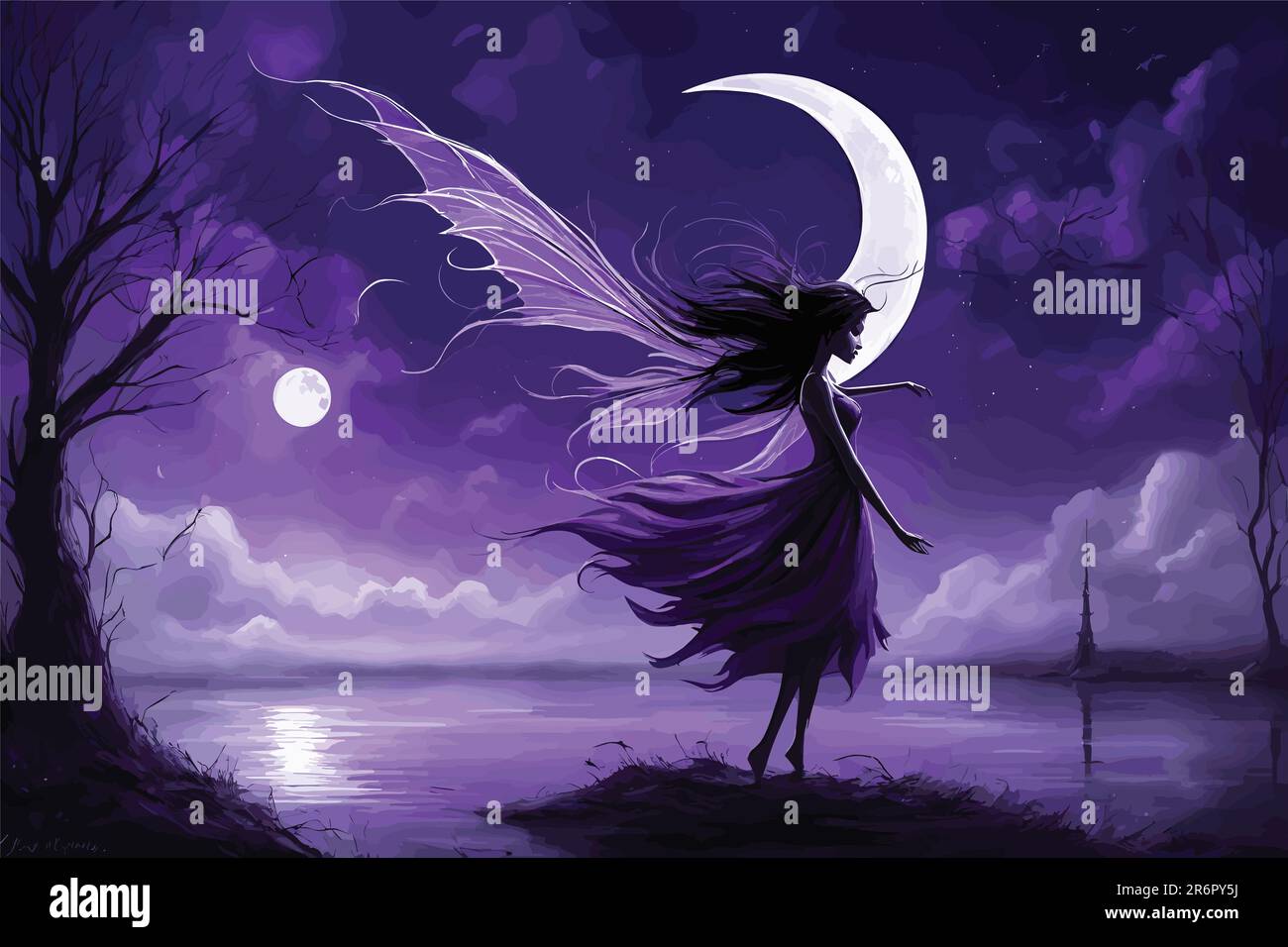 arte vettoriale di una giovane ragazza che cammina di notte. luna nel cielo viola. carta da parati con sfondo scuro. Illustrazione Vettoriale