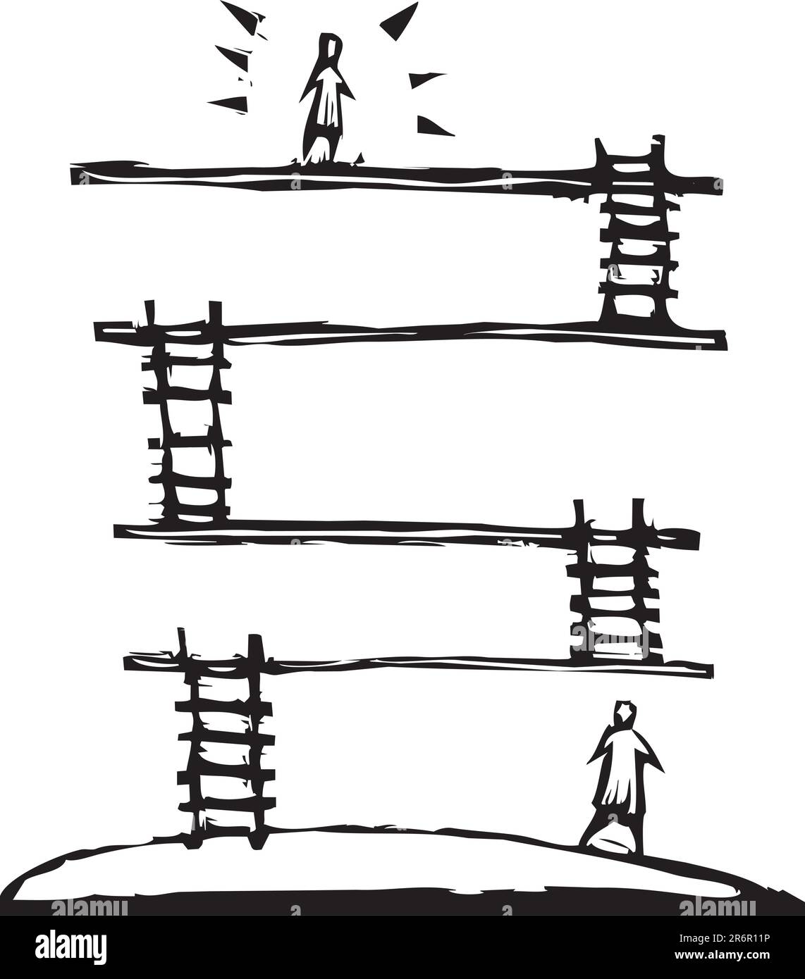 Una xilografia style scaletta della piattaforma di gioco con due giocatori. Illustrazione Vettoriale