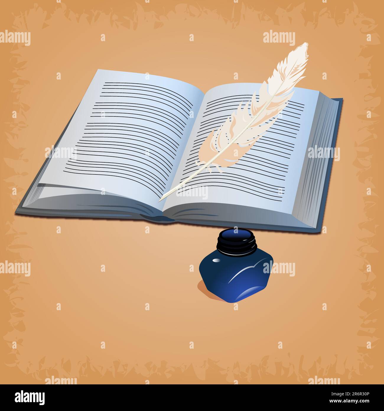 Illustrazione della penna in piuma con libro aperto Illustrazione Vettoriale