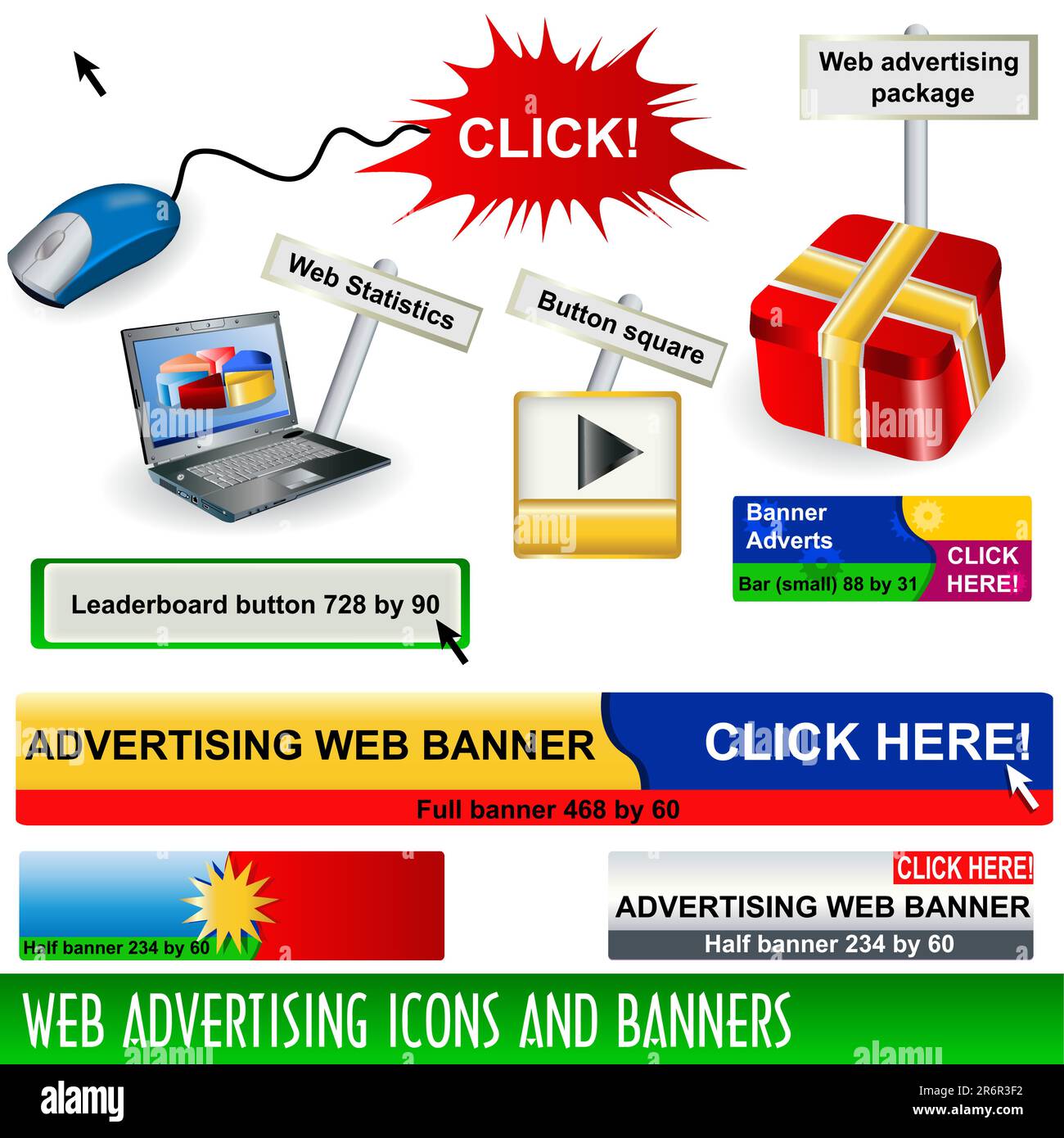 Raccolta di icone Web e banner con dimensioni standard. Illustrazione Vettoriale