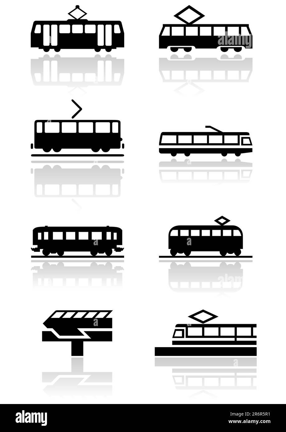 Serie vettoriale di diverse illustrazioni o simboli del treno. Tutti gli oggetti vettoriali sono isolati. I colori e il colore di sfondo trasparente sono facili da regolare. Illustrazione Vettoriale