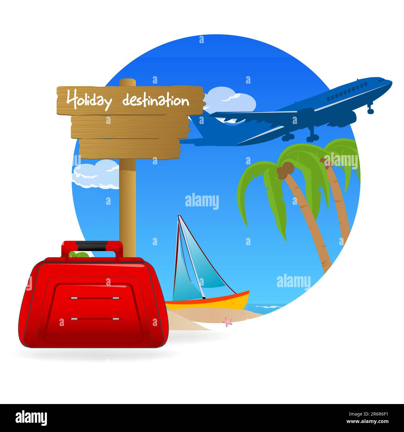 Illustrazione della destinazione di vacanza con i bagagli sulla spiaggia e aereo Illustrazione Vettoriale