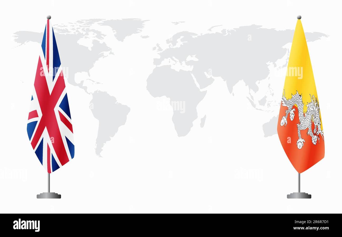 Bandiere del Regno Unito e del Bhutan per l'incontro ufficiale sullo sfondo della mappa mondiale. Illustrazione Vettoriale