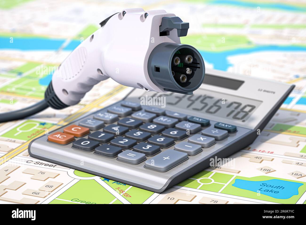 Caricabatterie elettrico per auto e calcolatrice. Сalculation del costo di proprietà e di manutenzione di un'auto elettrica EV. illustrazione 3d Foto Stock