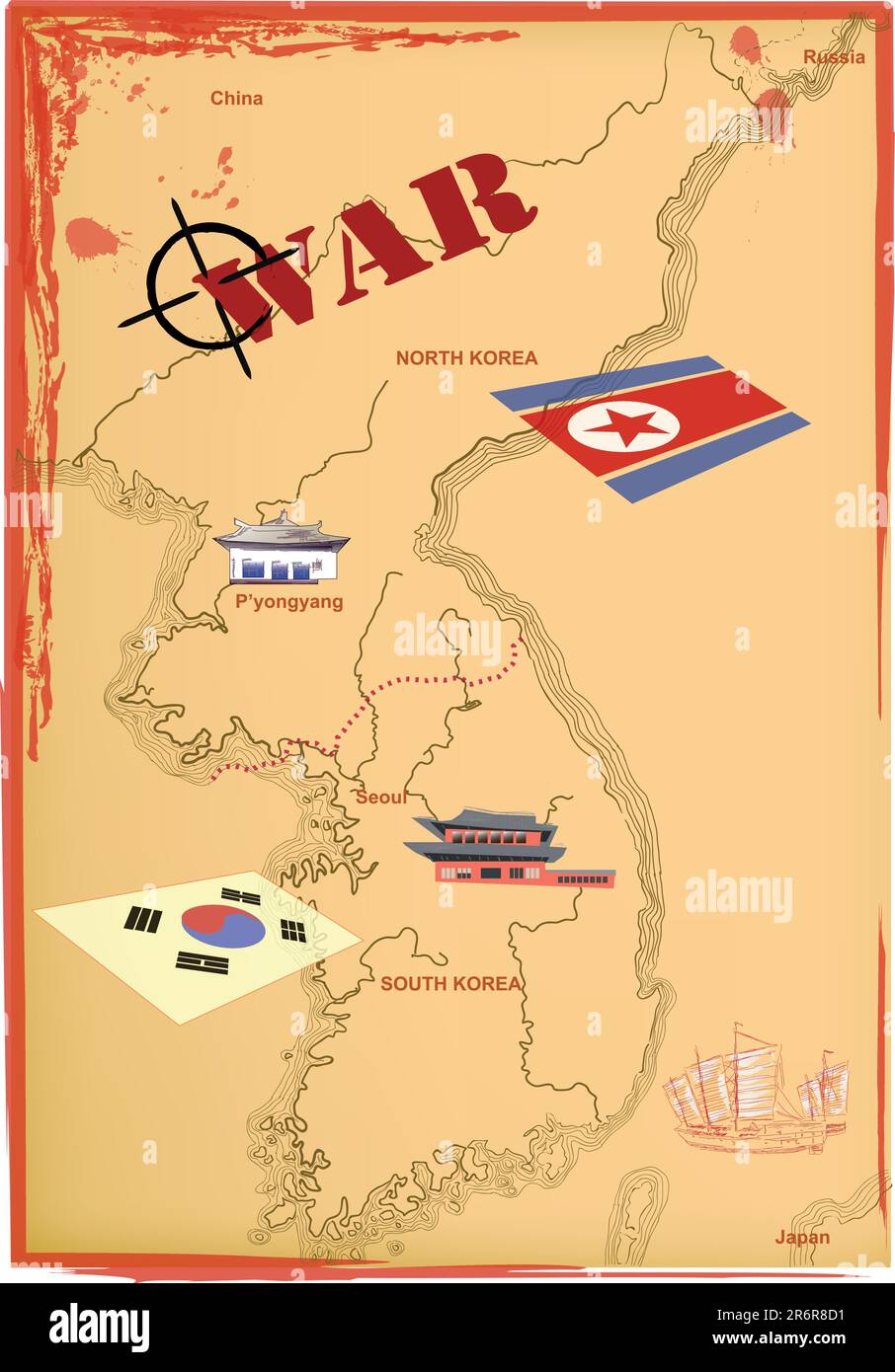 Mappa della Corea del Nord e del Sud. Confronto e guerra. Vettore. Illustrazione Vettoriale