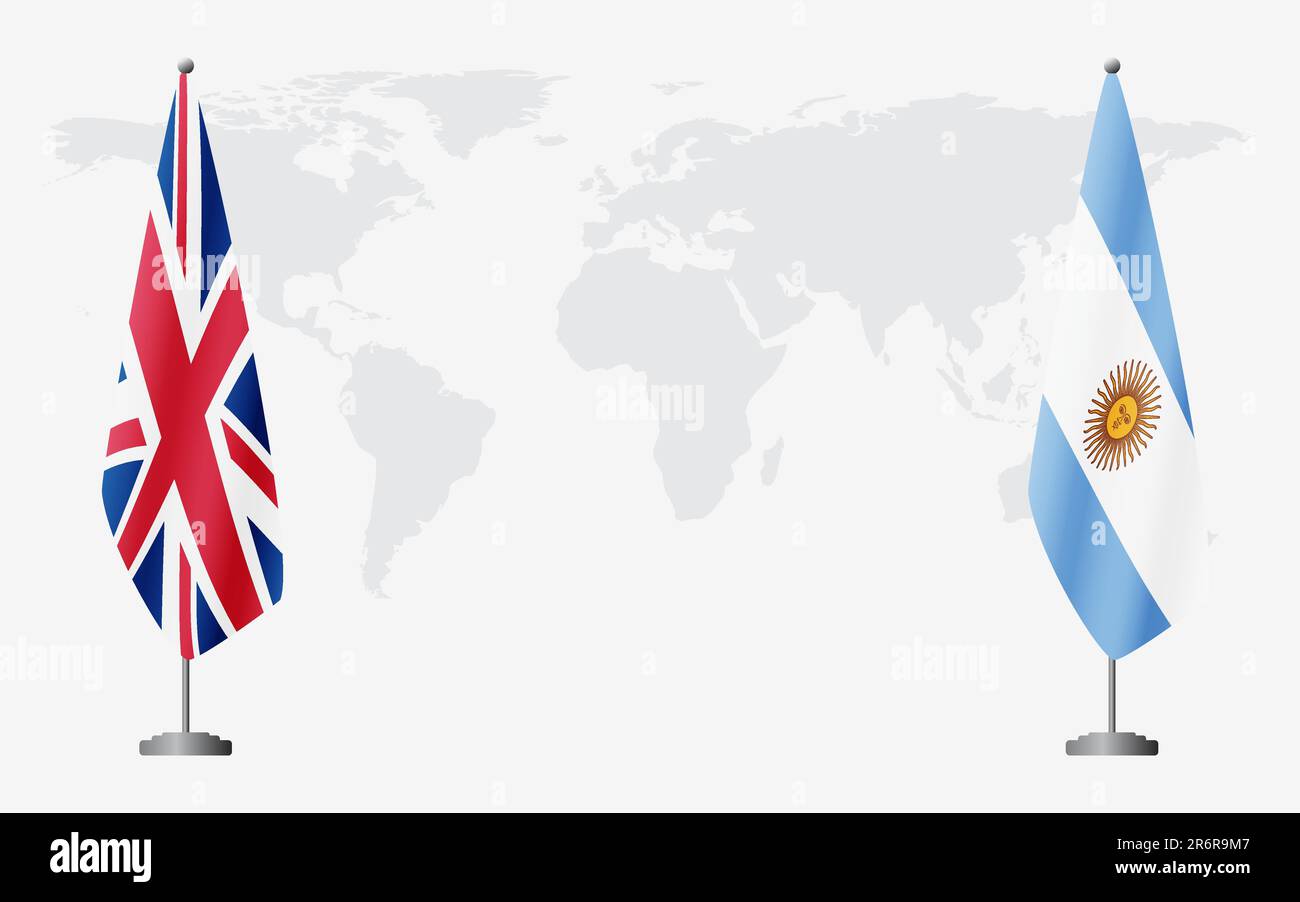 Bandiere del Regno Unito e dell'Argentina per l'incontro ufficiale sullo sfondo della mappa mondiale. Illustrazione Vettoriale