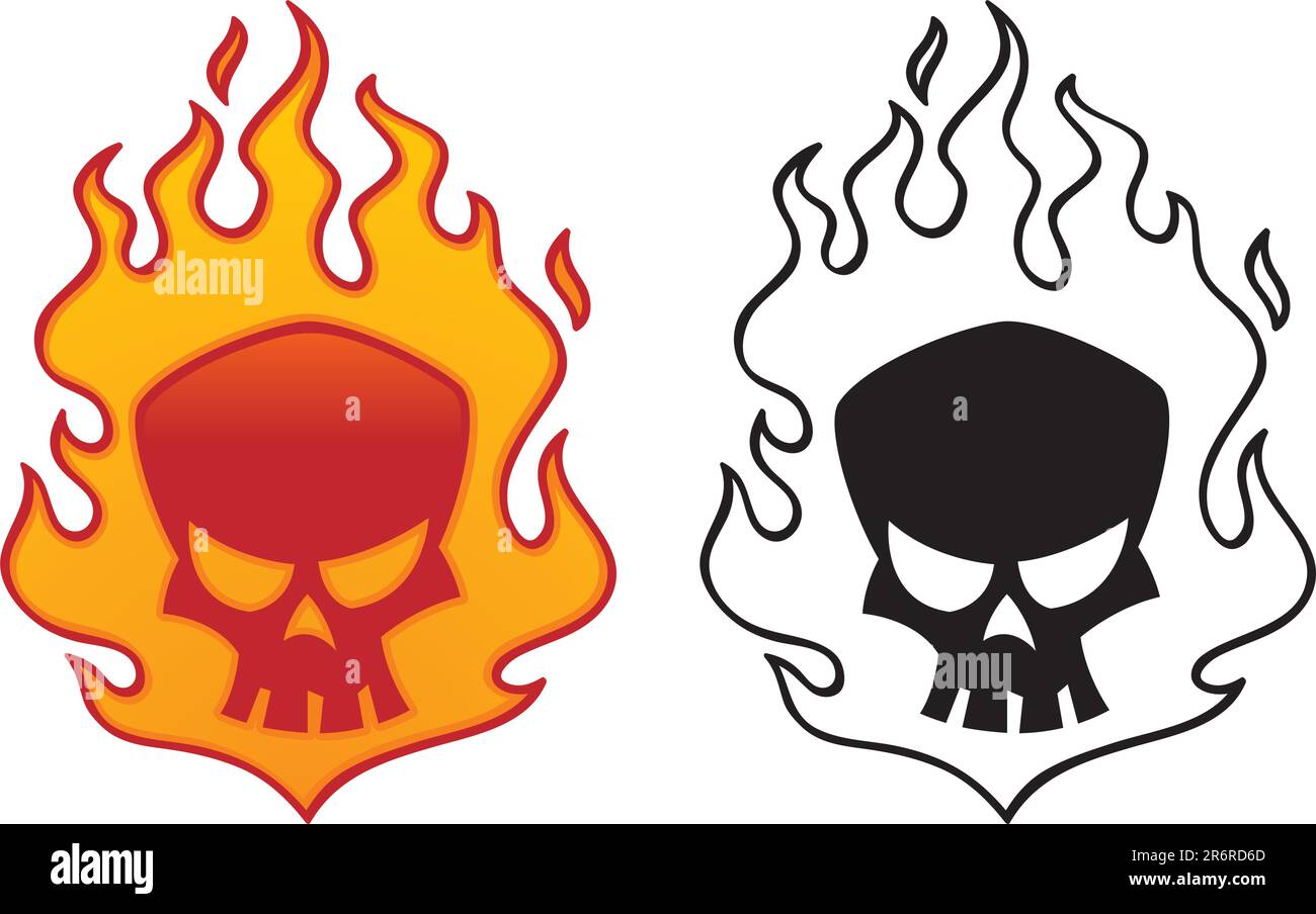 Illustrazione del vettore del cranio in fiamme. Elegante tatuaggio o logo. Illustrazione Vettoriale