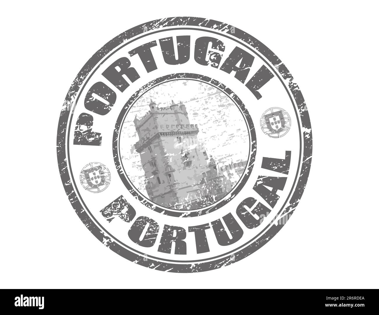 Francobollo in gomma grunge astratto con torre di belem e il nome Portogallo scritto all'interno del francobollo Illustrazione Vettoriale