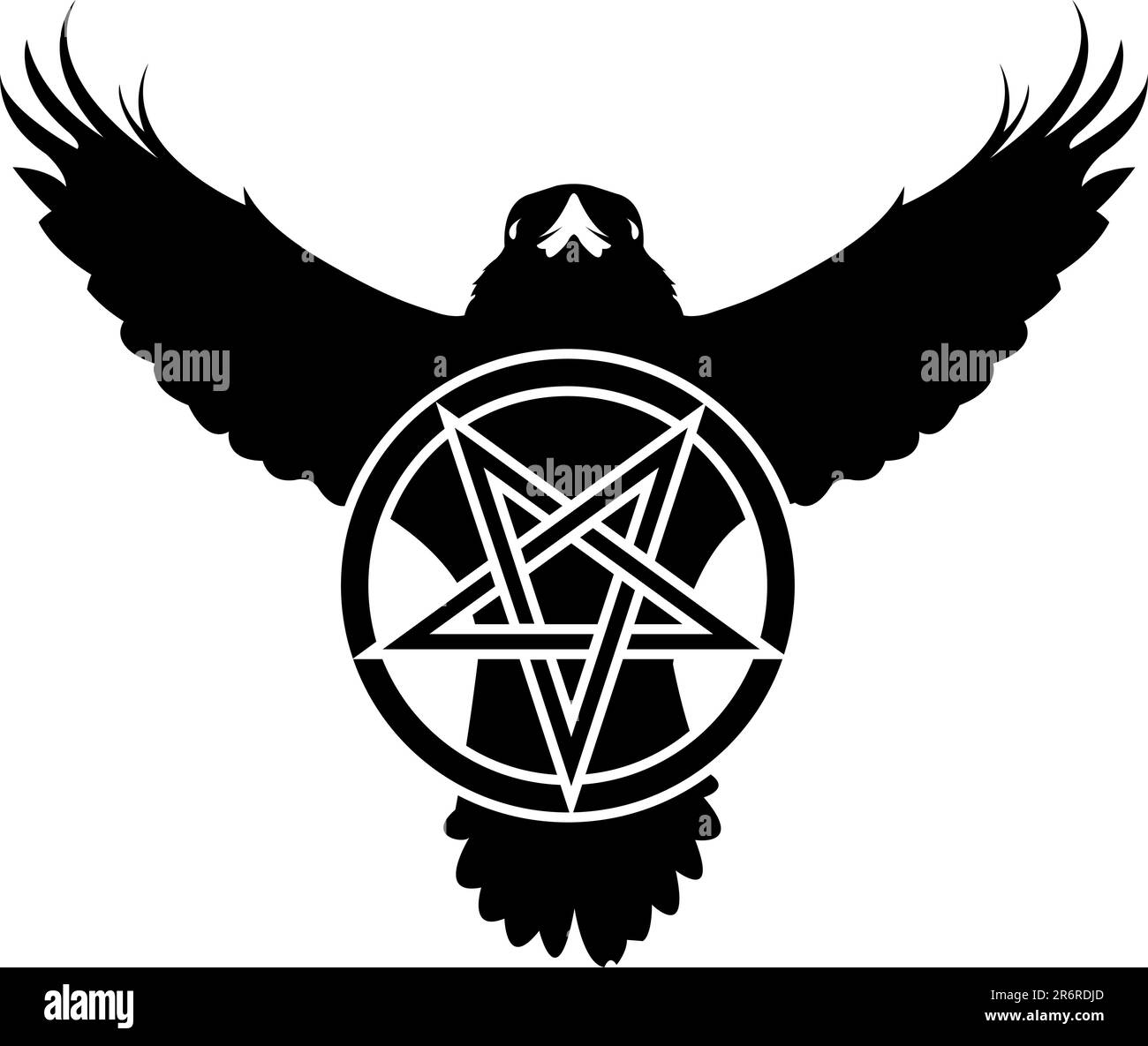 Illustrazione vettoriale della silhouette di un corvo con un pentagramma in stile grunge. Illustrazione Vettoriale
